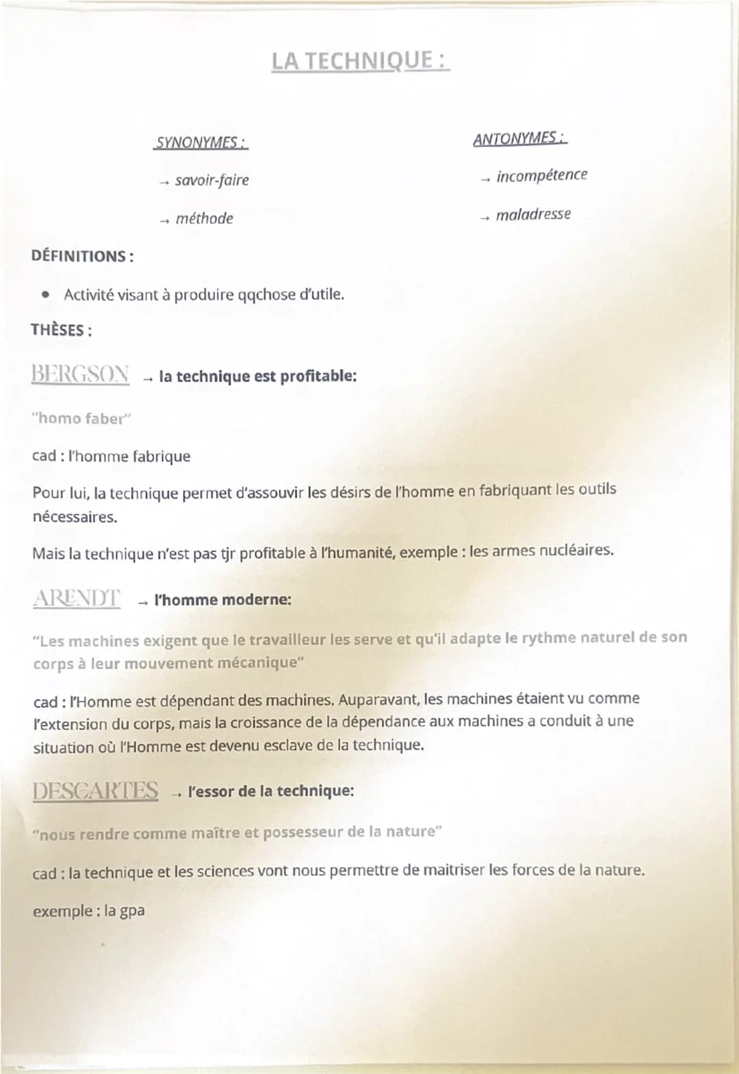 SYNONYMES:
+ savoir-faire
méthode
LA TECHNIQUE:
ANTONYMES:
- incompétence
maladresse
DÉFINITIONS:
• Activité visant à produire qqchose d'uti