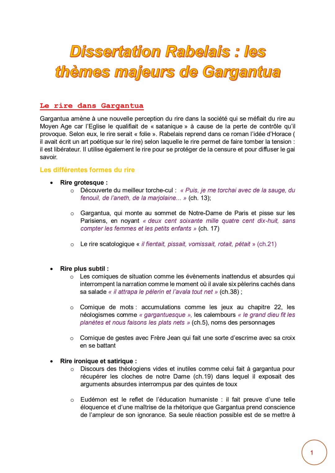 --- OCR Start ---
Dissertation Rabelais : les
thèmes majeurs de Gargantua
Le rire dans Gargantua
Gargantua amène à une nouvelle perception d