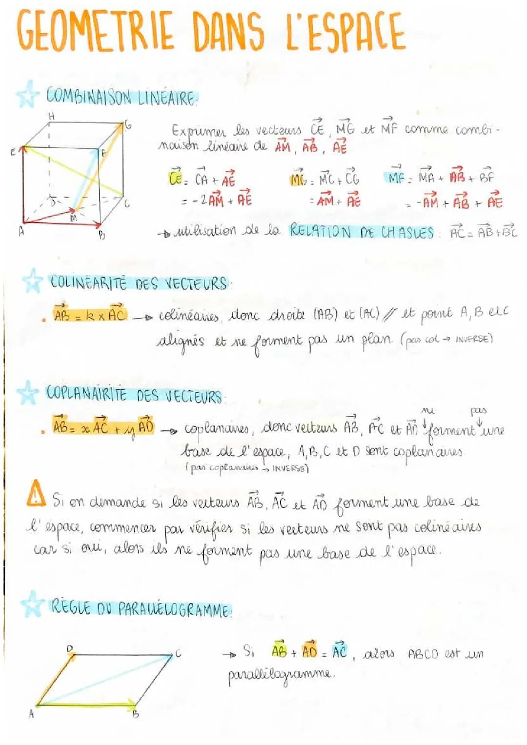 Fiches révision: Combinaisons linéaires et géométrie dans l’espace