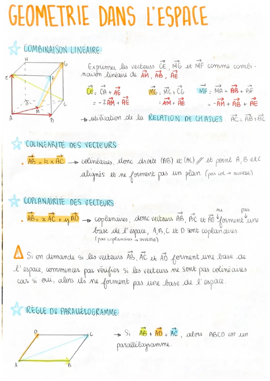 GEOMETRIE DANS L'ESPACE
COMBINAISON LINEAIRE.
H
5
B
Exprimer les vecteurs CE, ME et MF comme combi -
naison linéaire de AM, AB, AE
CE= CA + 
