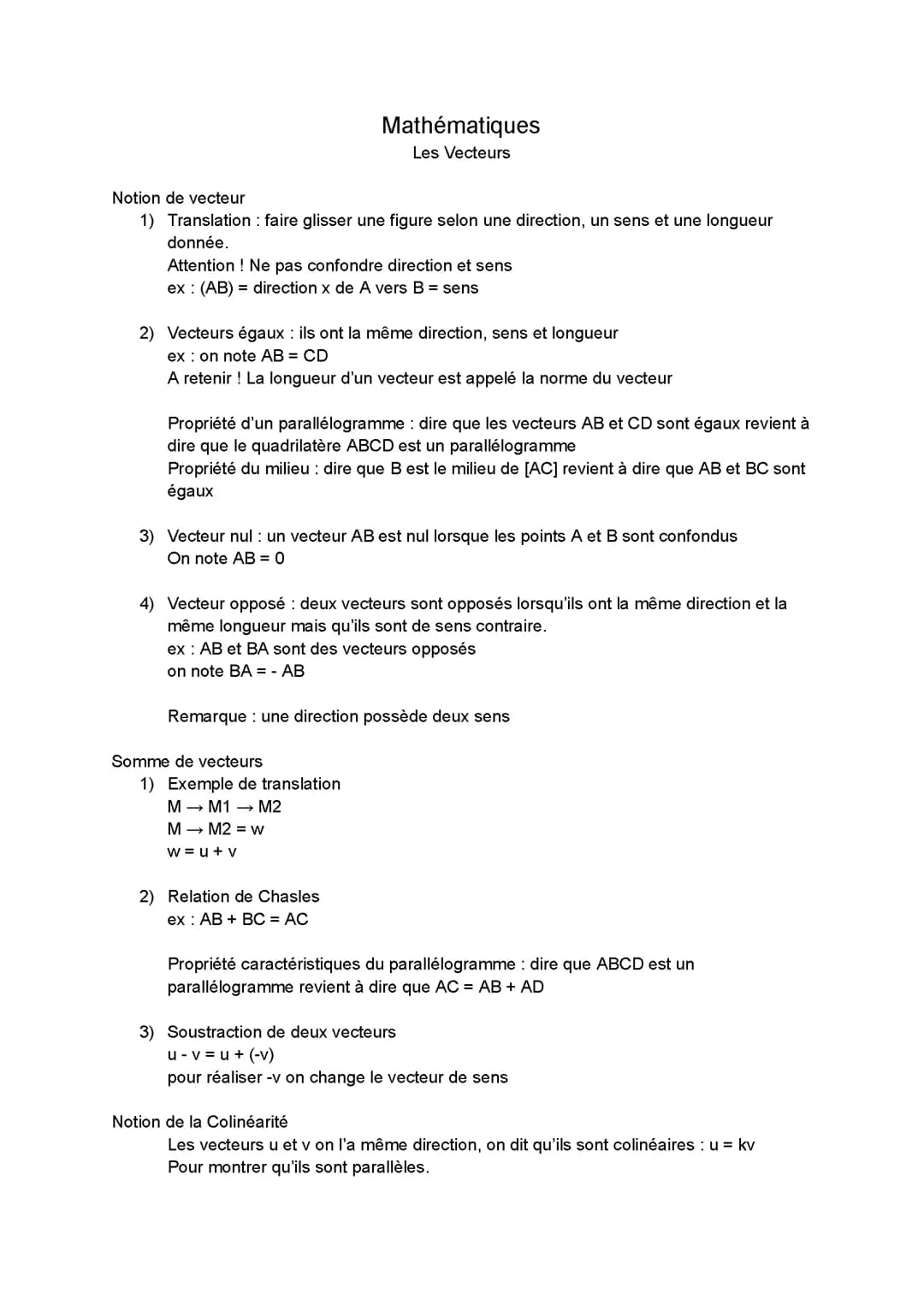 MATHS : Les Vecteurs 