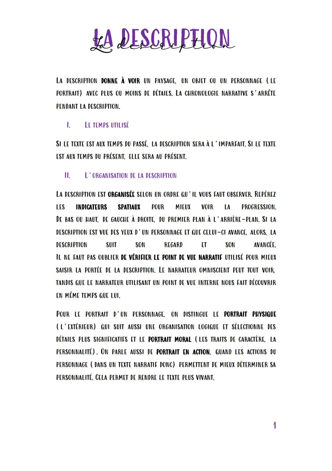 LA DESCRIPTION
LA DESCRIPTION DONNE À VOIR UN PAYSAGE, UN OBJET OU UN PERSONNAGE (LE
PORTRAIT) AVEC PLUS OU MOINS DE DÉTAILS. LA CHRONOLOGIE