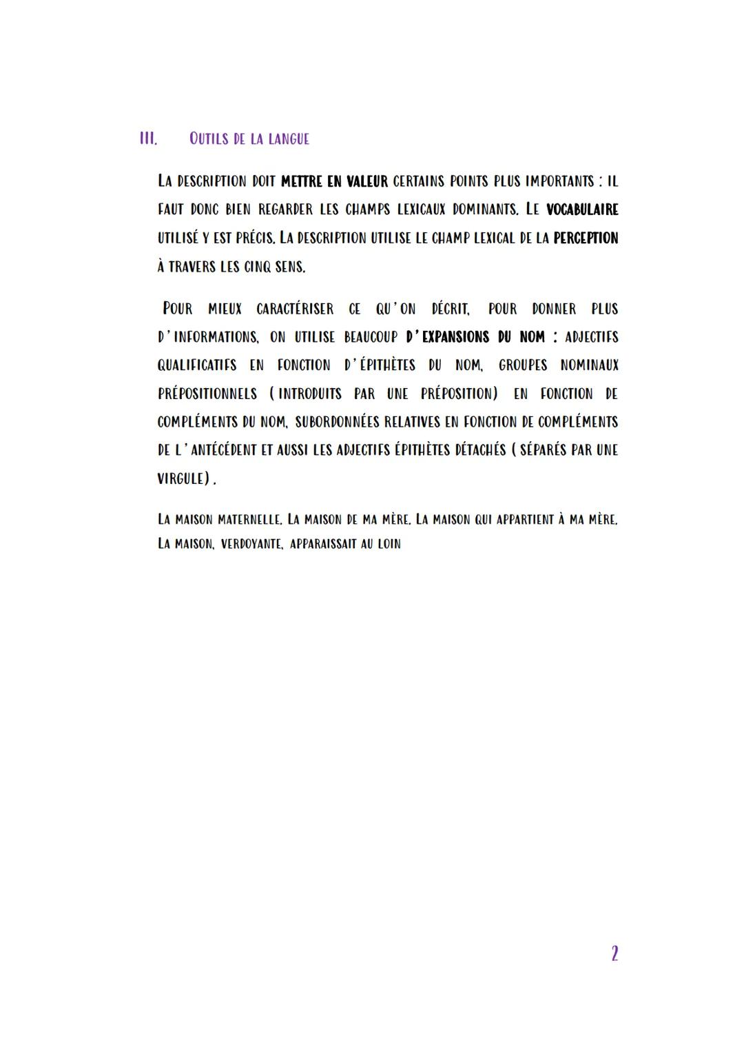 LA DESCRIPTION
LA DESCRIPTION DONNE À VOIR UN PAYSAGE, UN OBJET OU UN PERSONNAGE (LE
PORTRAIT) AVEC PLUS OU MOINS DE DÉTAILS. LA CHRONOLOGIE