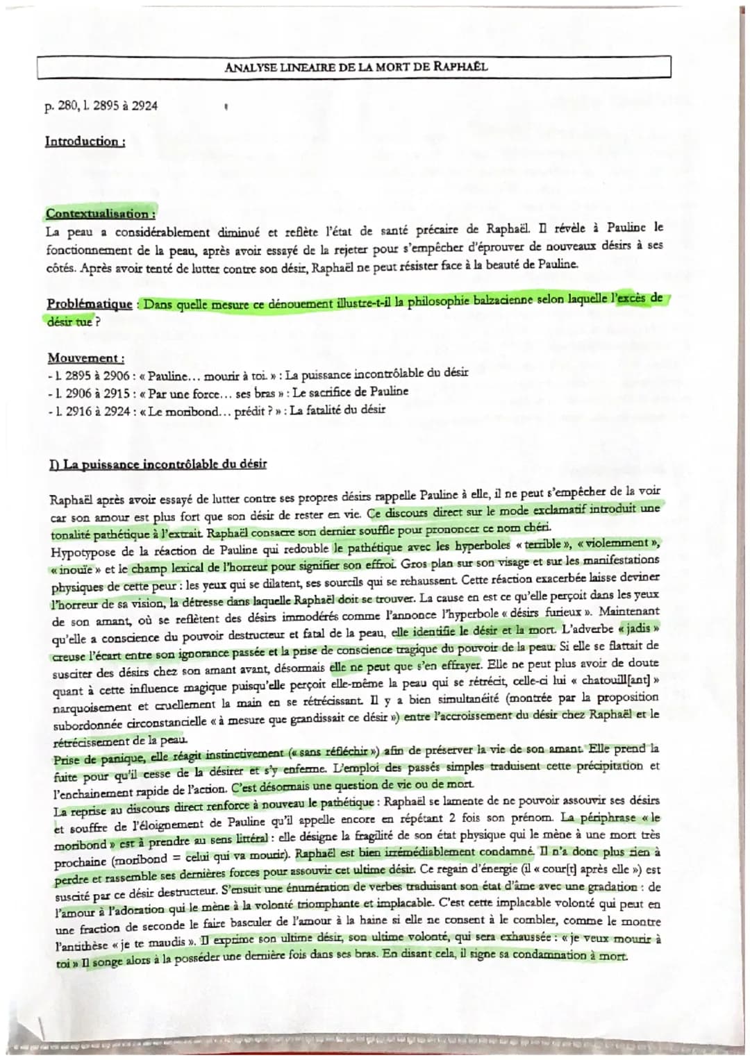 p. 280, 1. 2895 à 2924
Introduction:
ANALYSE LINEAIRE DE LA MORT DE RAPHAEL
Contextualisation :
La peau a considérablement diminué et reflèt