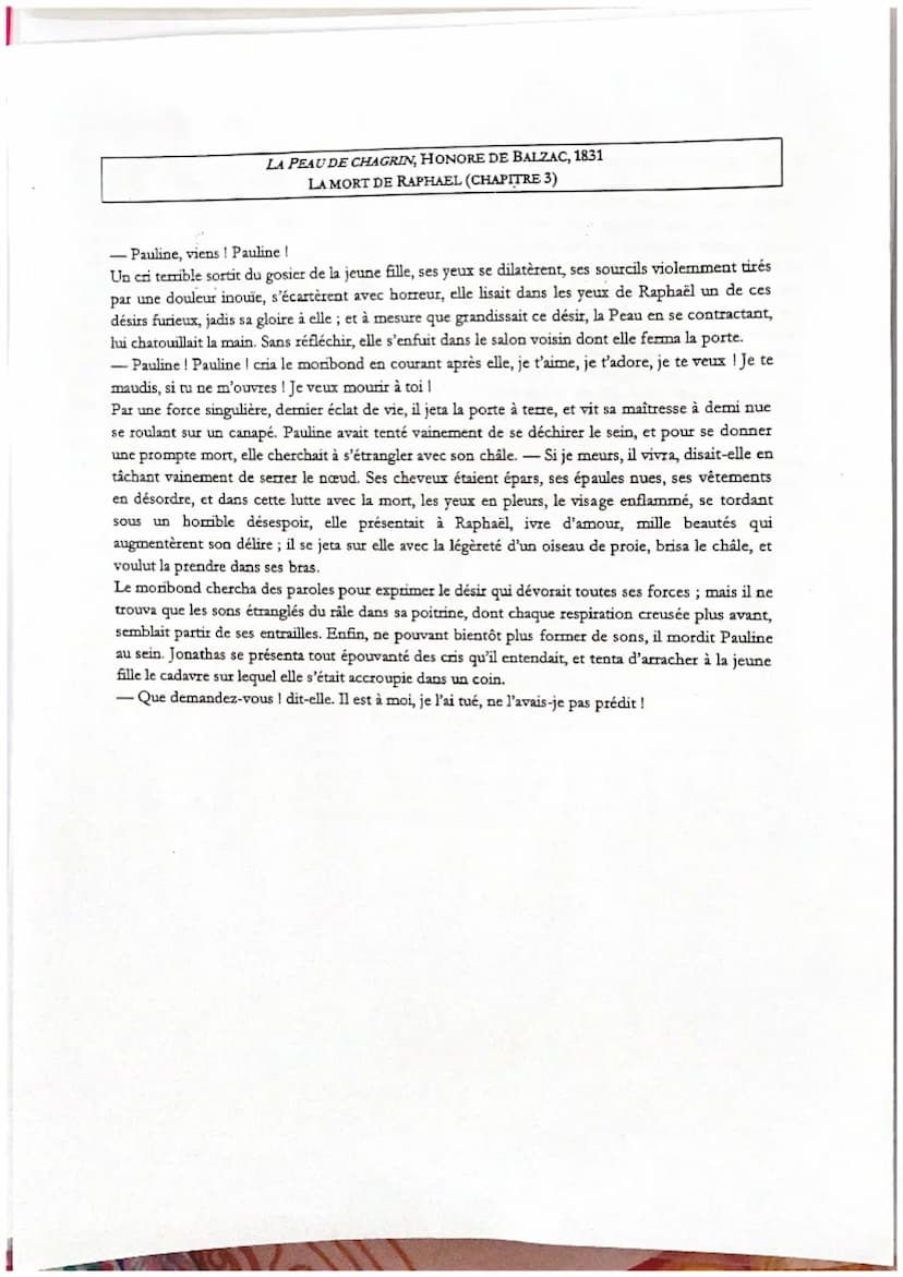 p. 280, 1. 2895 à 2924
Introduction:
ANALYSE LINEAIRE DE LA MORT DE RAPHAEL
Contextualisation :
La peau a considérablement diminué et reflèt