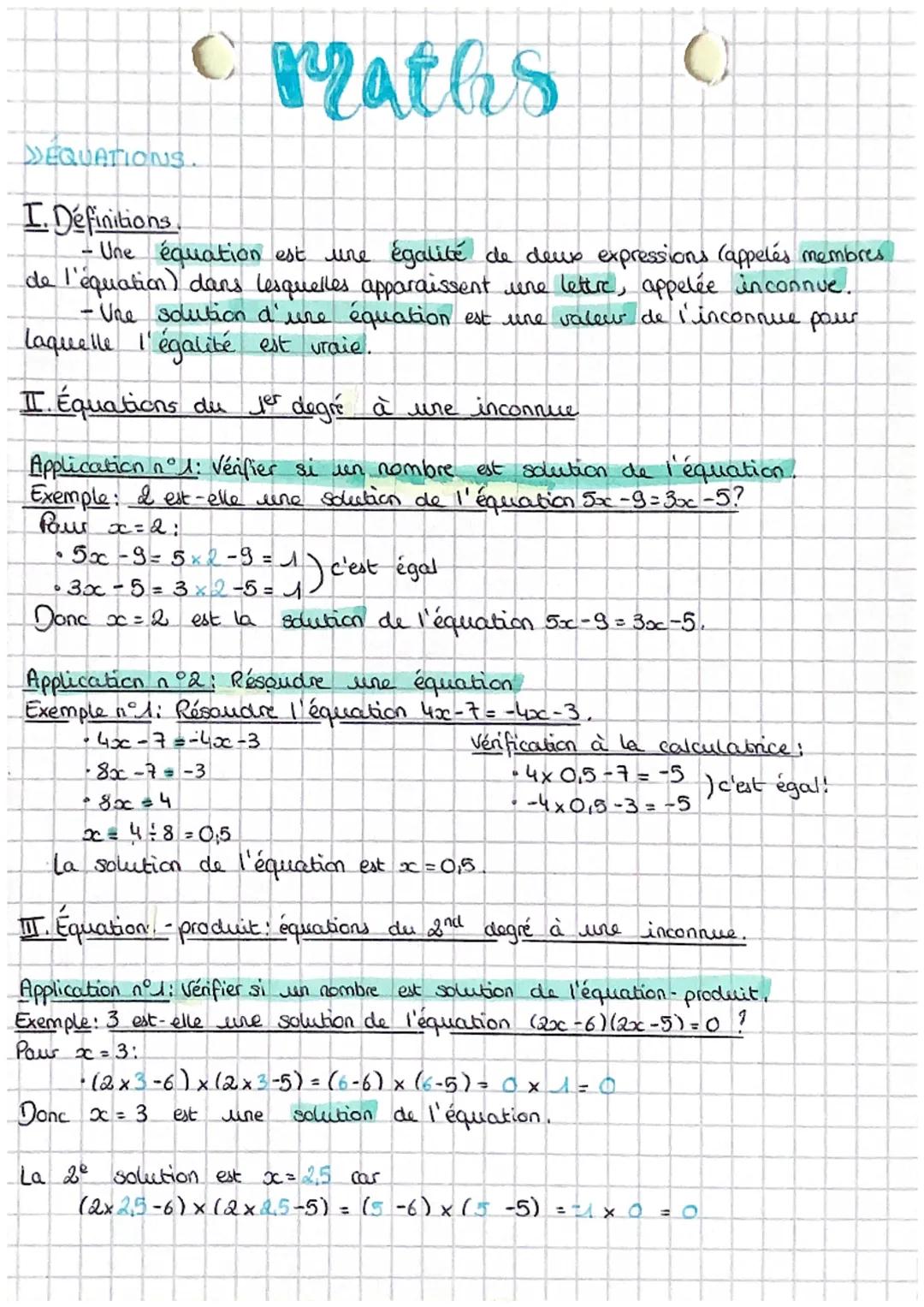 C
maths
DEQUATIONS.
I. Definitions.
• Une équation est une égalité de deux expressions (appelés membres
de l'équation) dans lesquelles appar