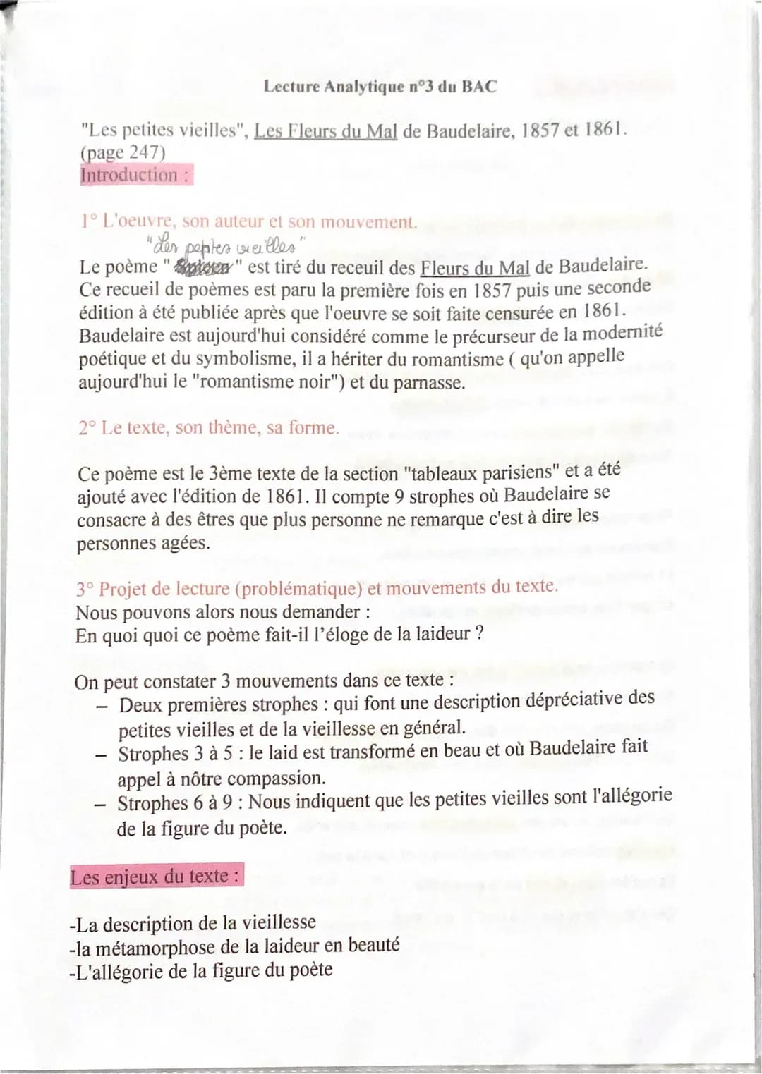 Lecture Analytique n°3 du BAC
"Les petites vieilles", Les Fleurs du Mal de Baudelaire, 1857 et 1861.
(page 247)
Introduction:
1° L'oeuvre, s