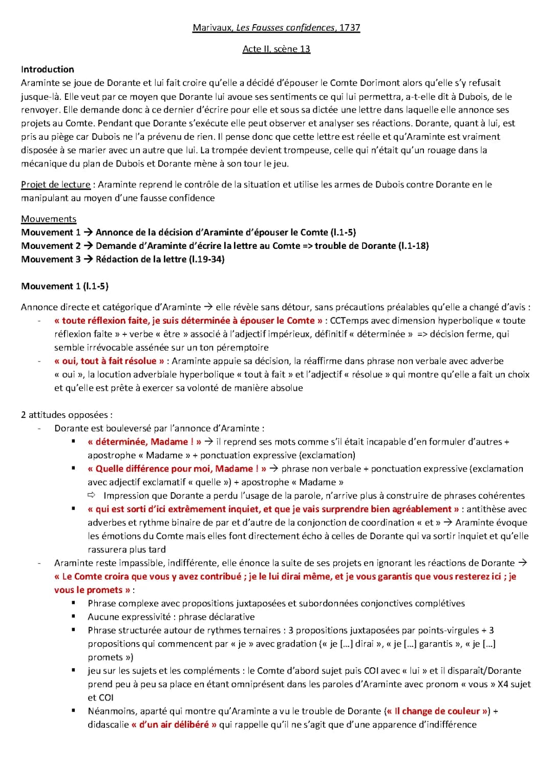 Analyse linéaire Les Fausses Confidences Acte 2 Scène 13 + PDF