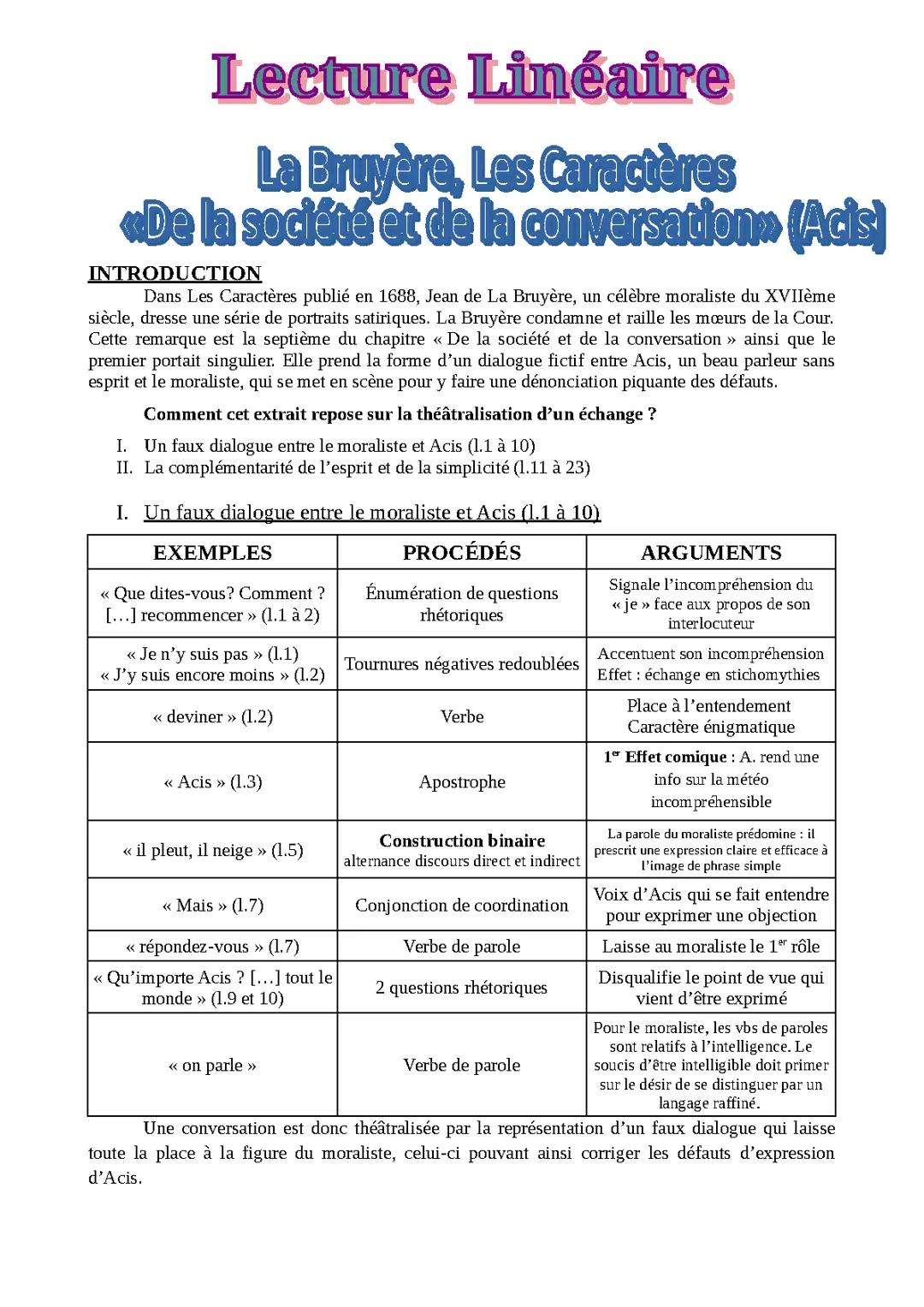 Analyse linéaire du Portrait d'Acis et autres caractères de La Bruyère