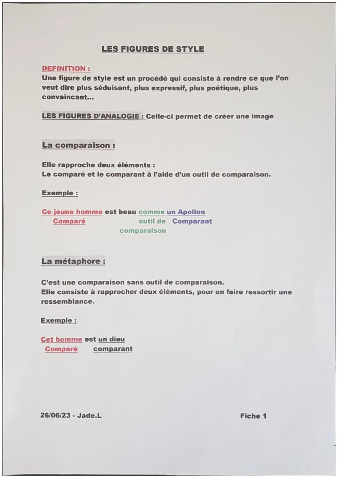 FIGURES DE STYLE
Sujet 1 DEFINITION:
Une figure de style est un procédé qui consiste à rendre ce que l'on
veut dire plus séduisant, plus exp