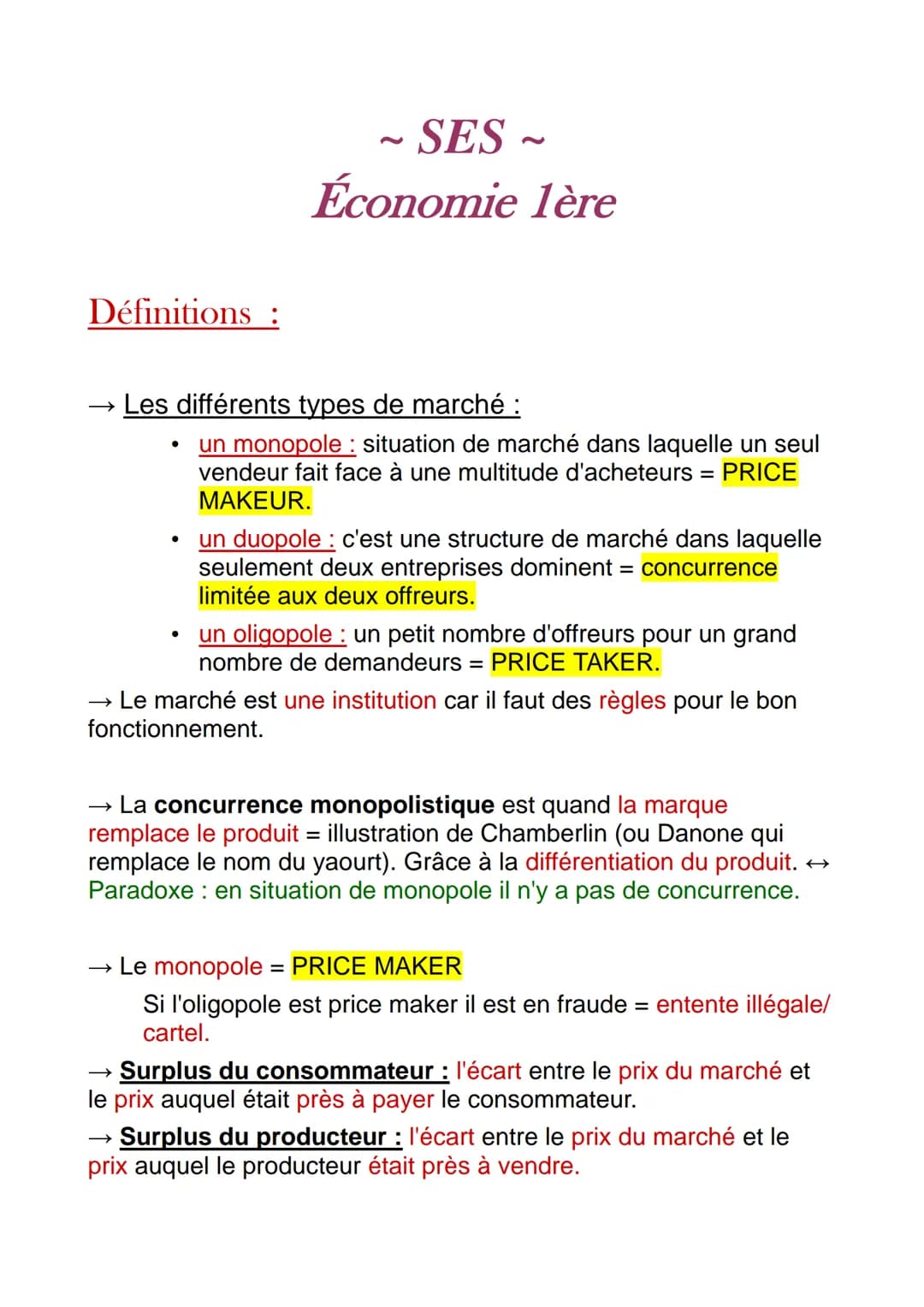 Définitions :
SES~
Économie 1ère
Les différents types de marché :
●
→
un monopole: situation de marché dans laquelle un seul
vendeur fait fa