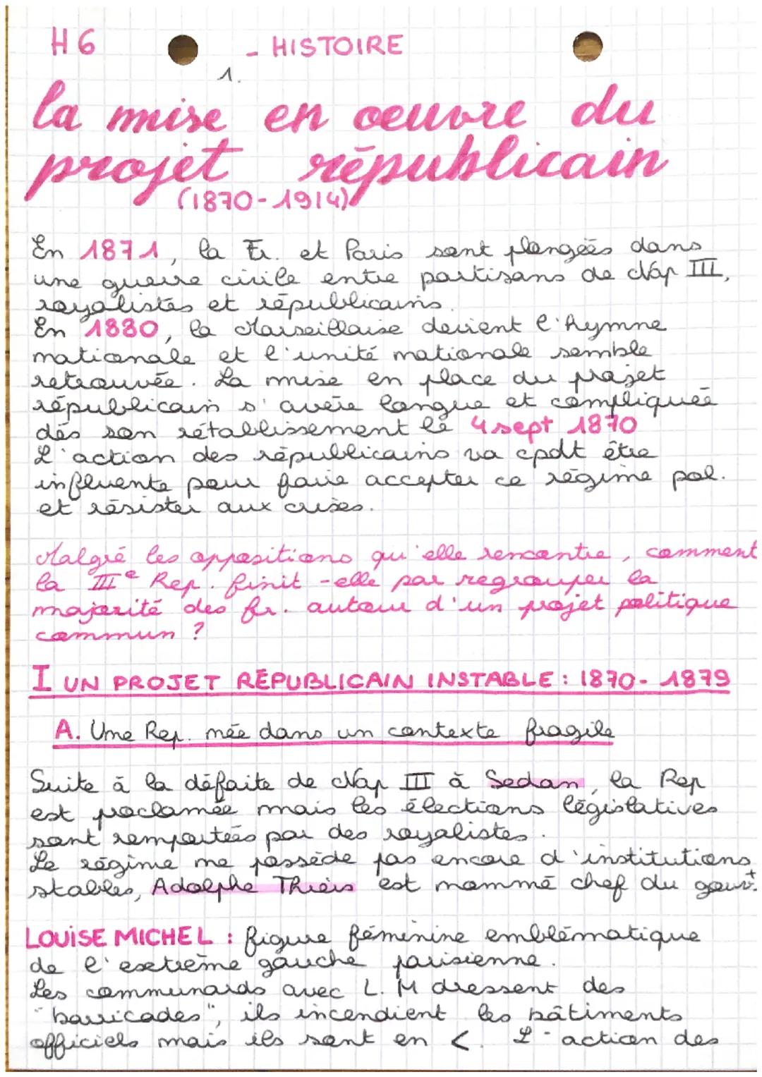 H6 - HISTOIRE

la mise en œuvre du
projet républicain

En 1871, la Er. et Paris sent plongées dans
une guerre civile entre partisans de cháp