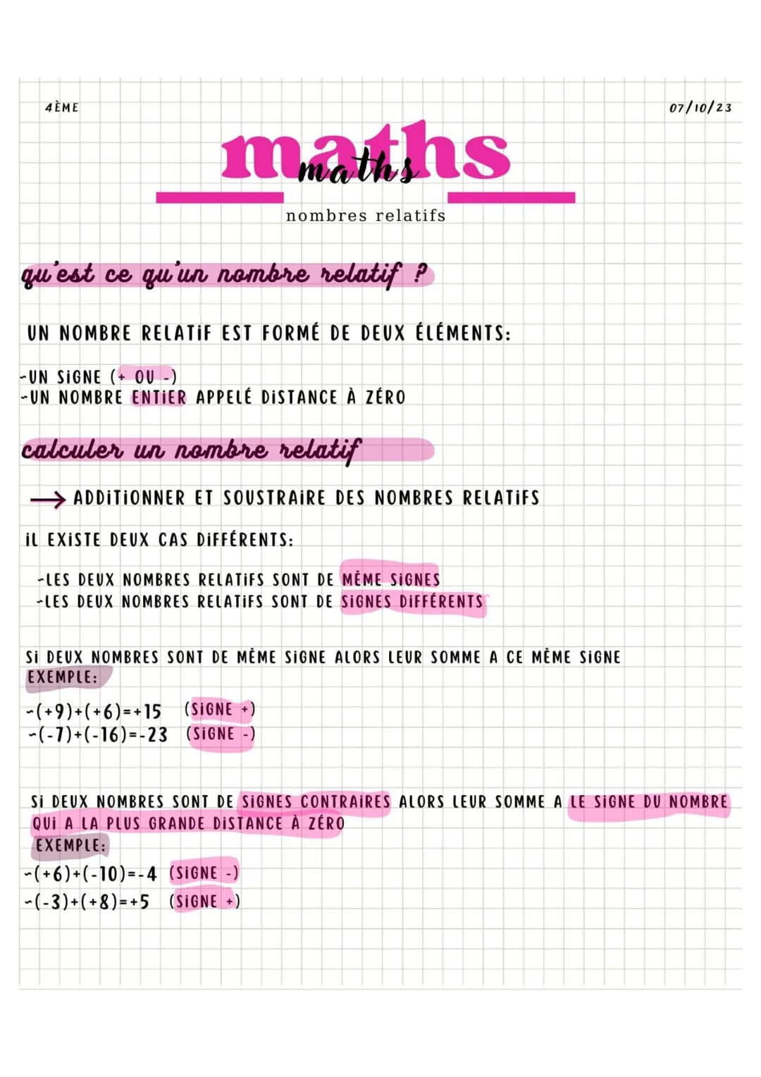 4ÈME
maths
qu'est ce qu'un nombre relatif ?
UN NOMBRE RELATIF EST FORMÉ DE DEUX ÉLÉMENTS:
UN SIGNE (+ OU -)
-UN NOMBRE ENTIER APPELÉ DISTANC