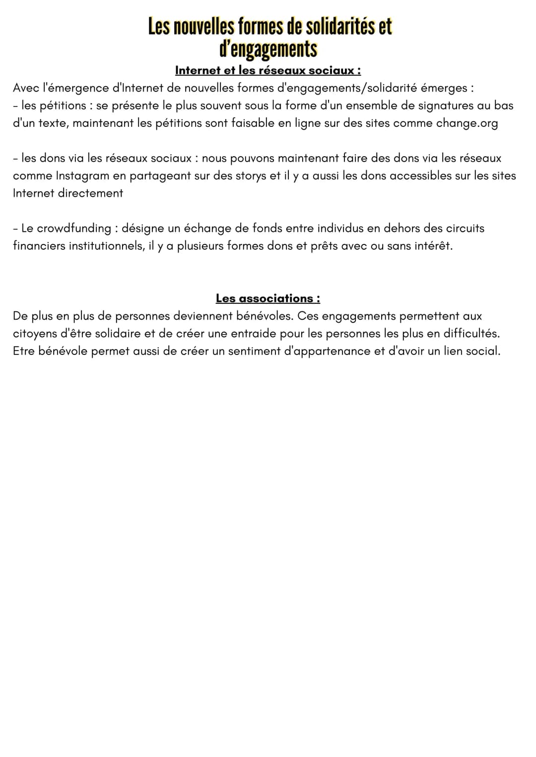 
<p>Avec l'émergence d'Internet, de nouvelles formes d'engagement et de solidarité ont vu le jour. Parmi celles-ci, on peut citer :</p>
<h2 