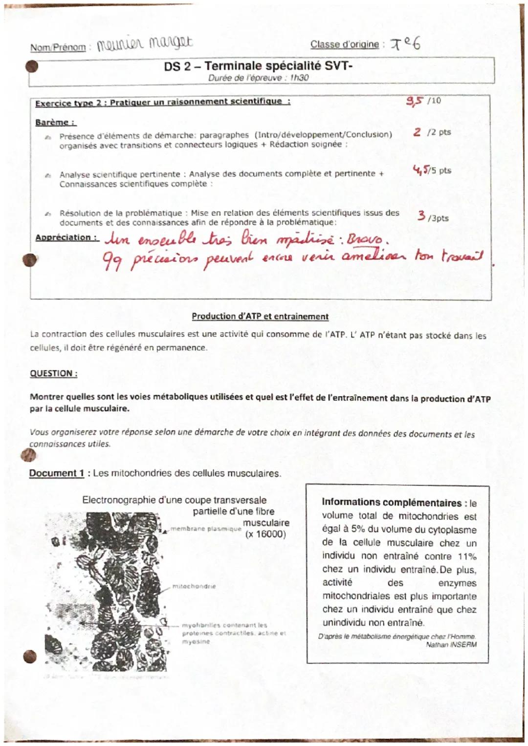 Nom Prénom: meunier marget
Exercice type 2: Pratiquer un raisonnement scientifique :
Barème:
DS 2 - Terminale spécialité SVT-
Durée de l'épr