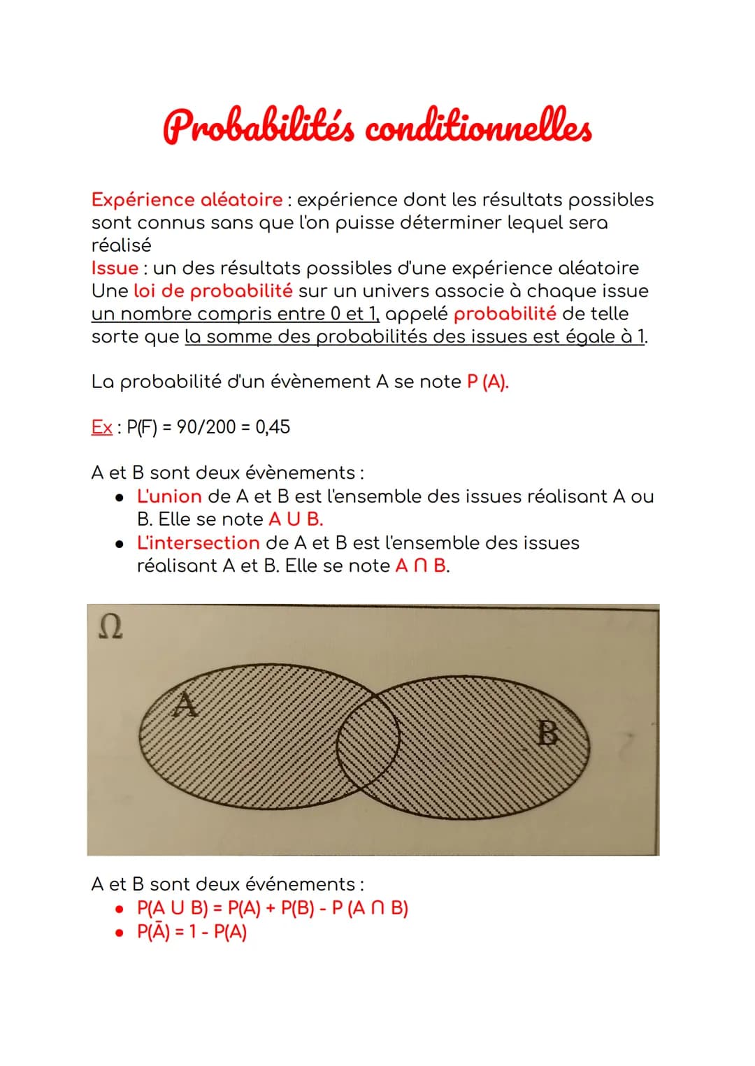 Probabilités conditionnelles
Expérience aléatoire : expérience dont les résultats possibles
sont connus sans que l'on puisse déterminer lequ