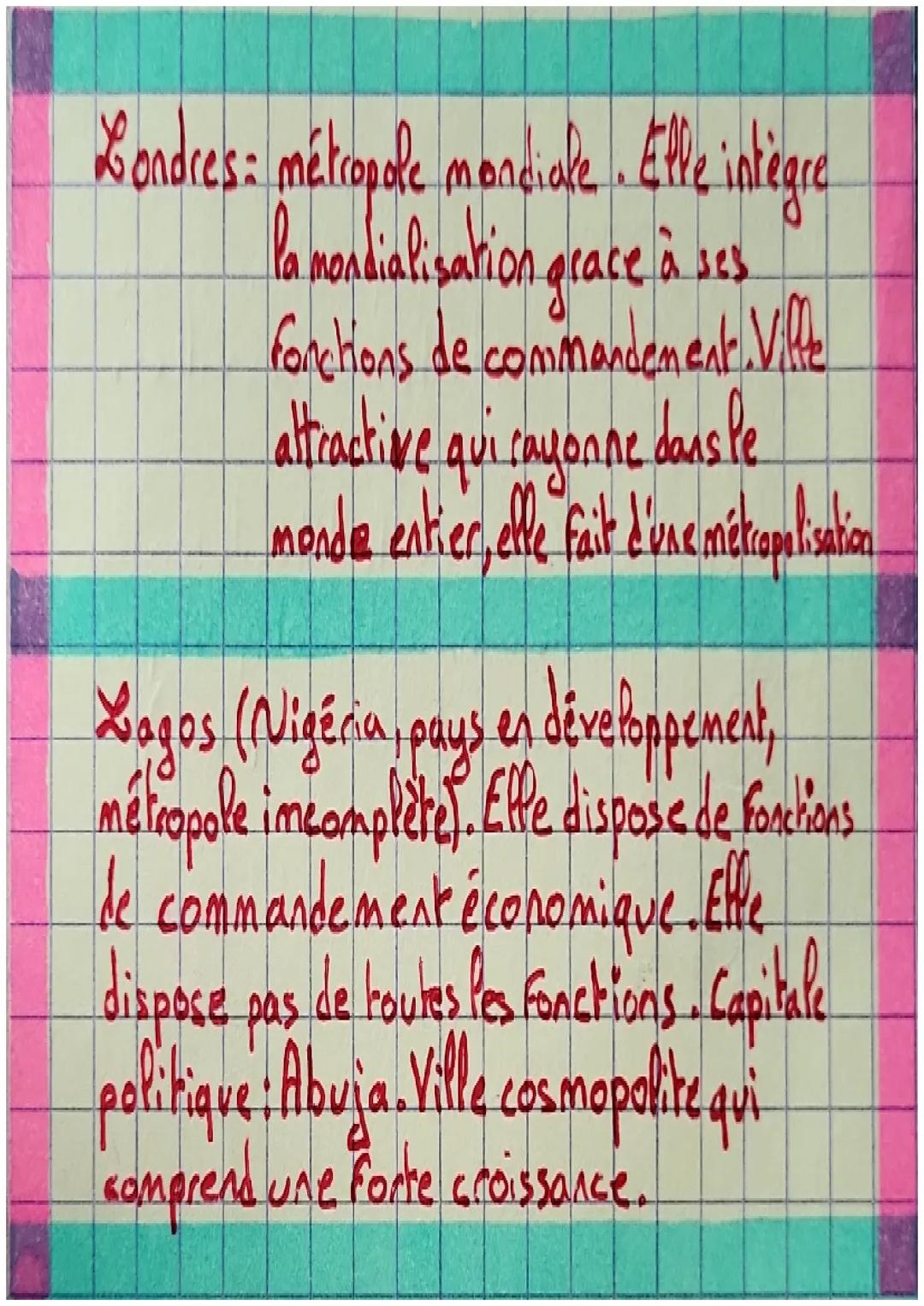 GEO
Urbanisation: processus de croissance
de la population urbaine
eld'extension des villes.
Métropole: Grandre ville doréede fonctions
de c