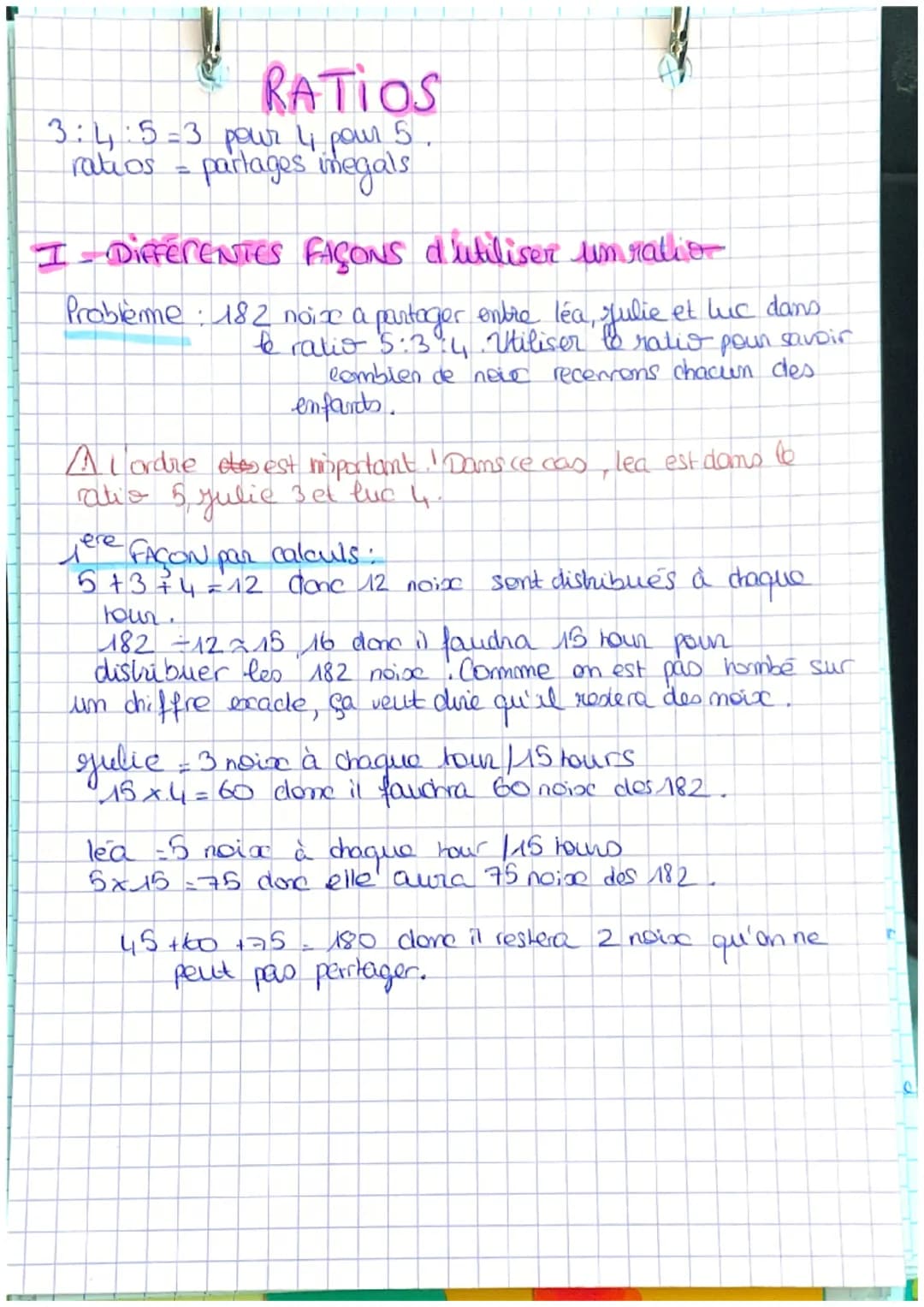 RATIOS
3:4:5= 3 pour 4, pour. 5
ratios = partages imegals
I-DIFFERENTES FAÇONS d'utiliser um ration
Probleme: 182 noise a partager entre léa