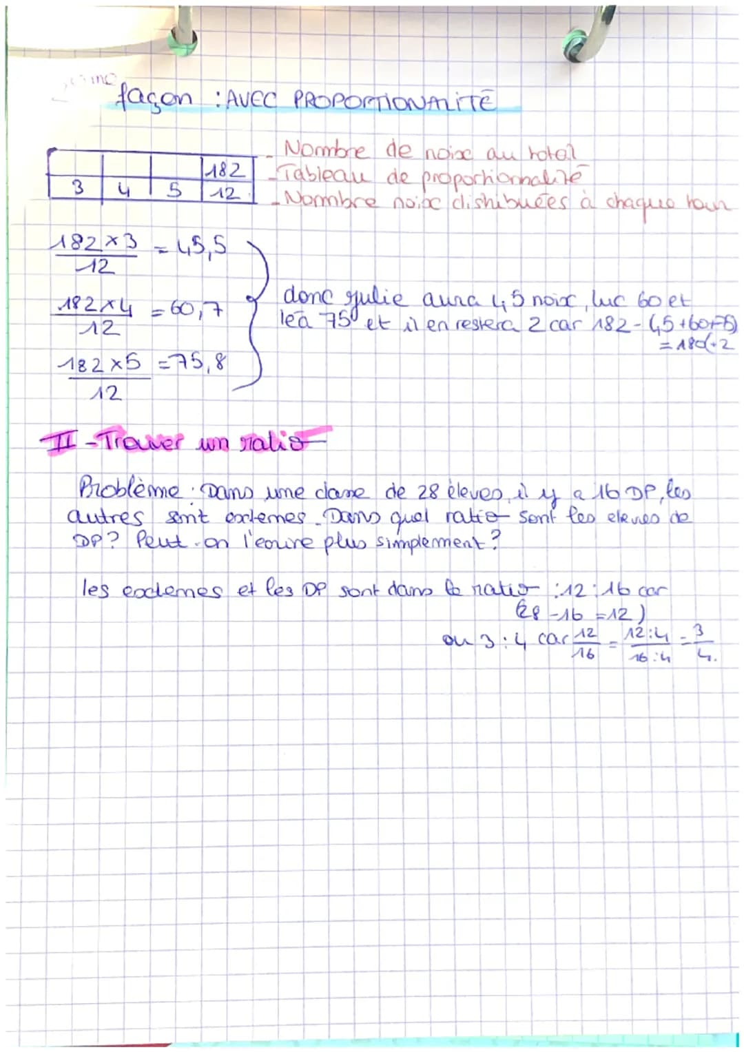 RATIOS
3:4:5= 3 pour 4, pour. 5
ratios = partages imegals
I-DIFFERENTES FAÇONS d'utiliser um ration
Probleme: 182 noise a partager entre léa