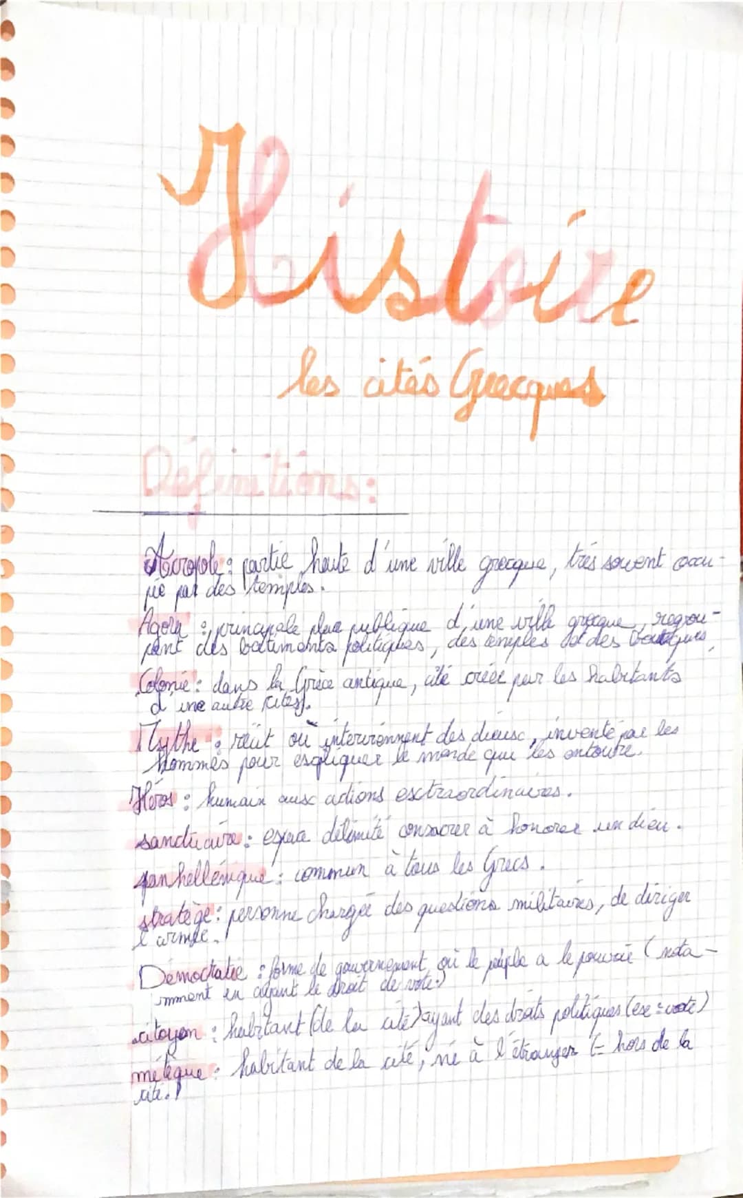 Histoire
les cité's Greques
Definitions:
Acropole: partie haute d'une ville grecque,
pe par des temples.
Paola : principale due publique d'u