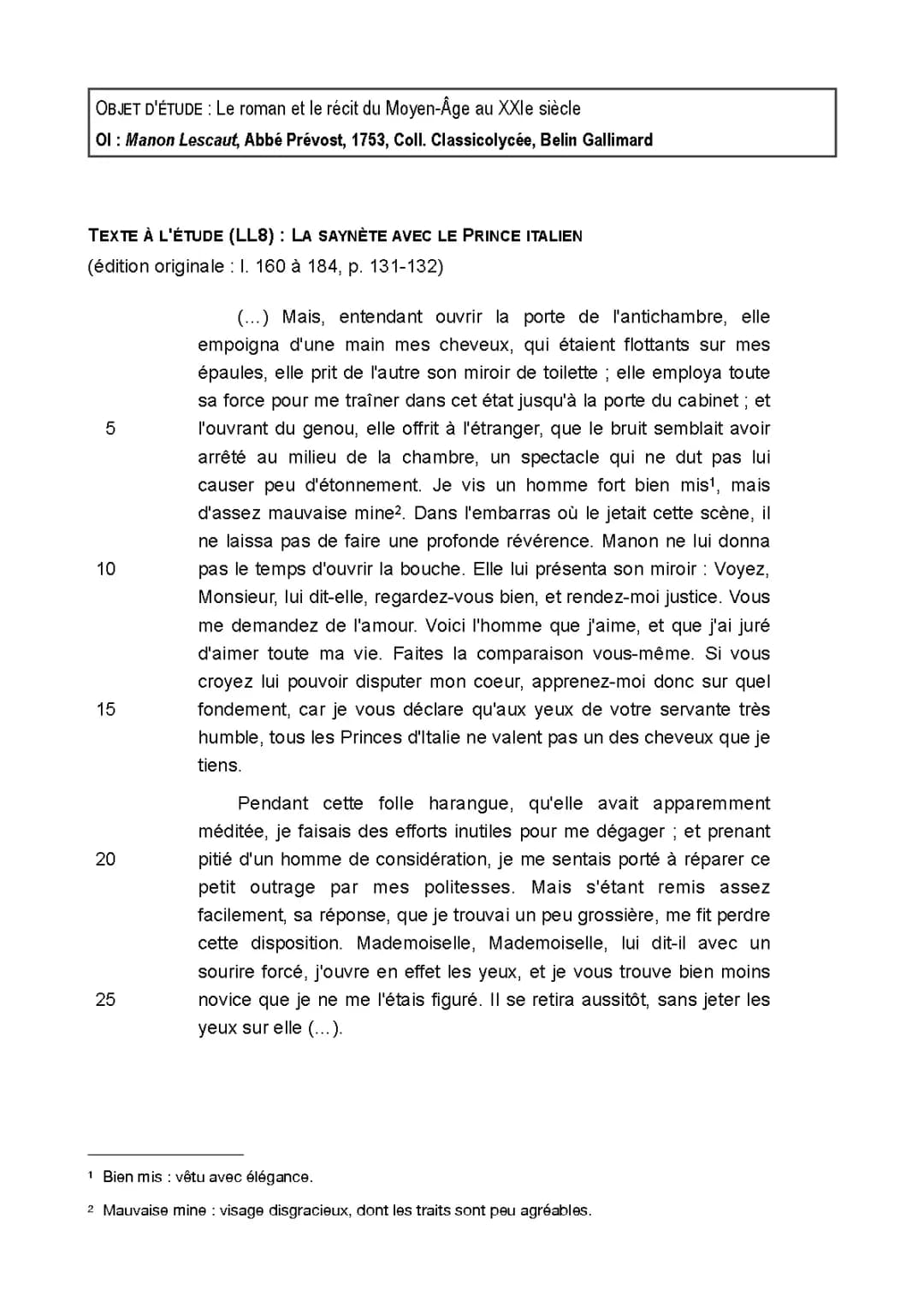 Manon Lescaut : Analyse linéaire et Résumé pour le Prince Italien