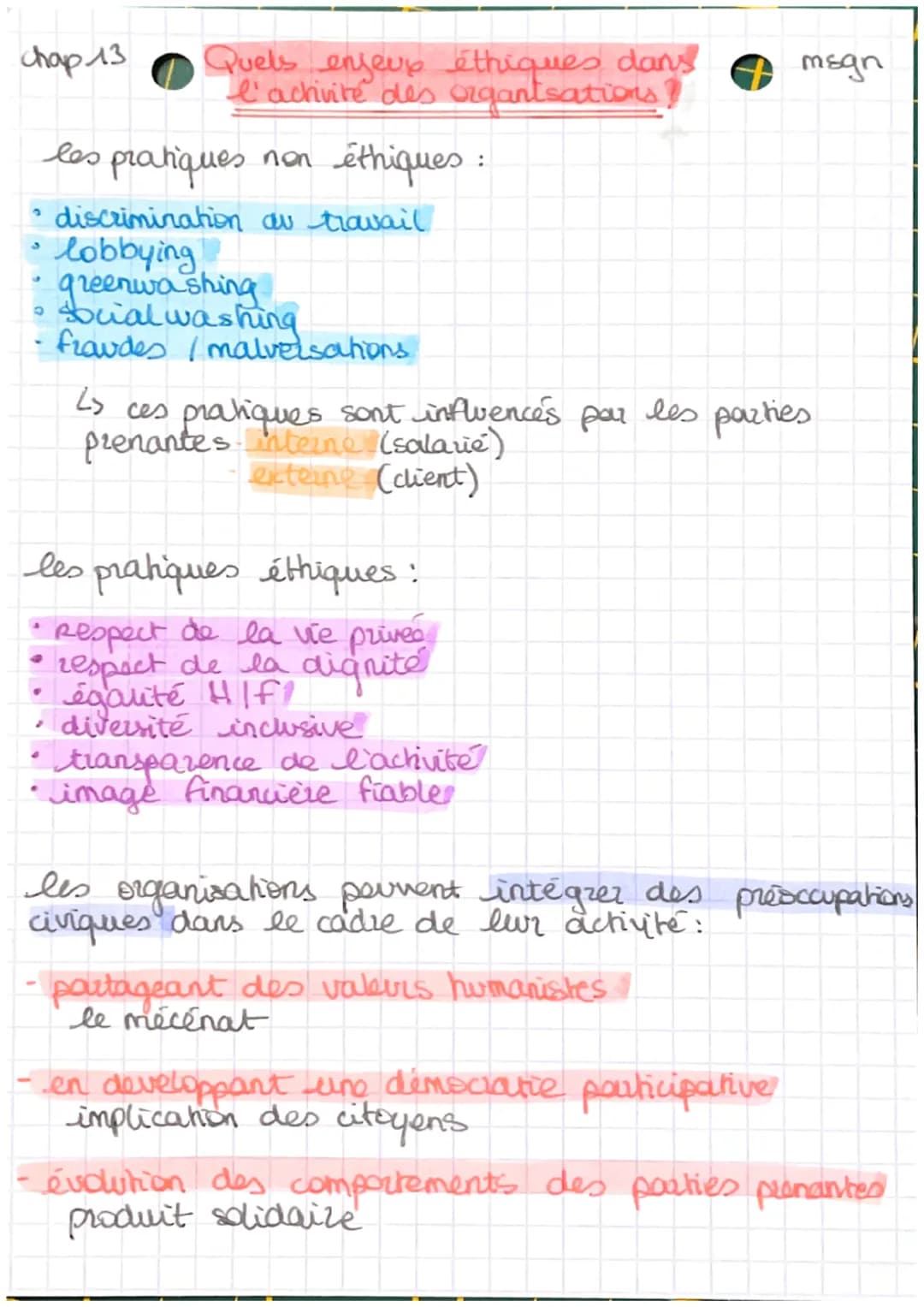 chap 13
2
3
S
Q
les pratiques
non éthiques
discrimination au travail
lobbying
greenwa shing
social washing
fraudes/malversations
Quels enjeu