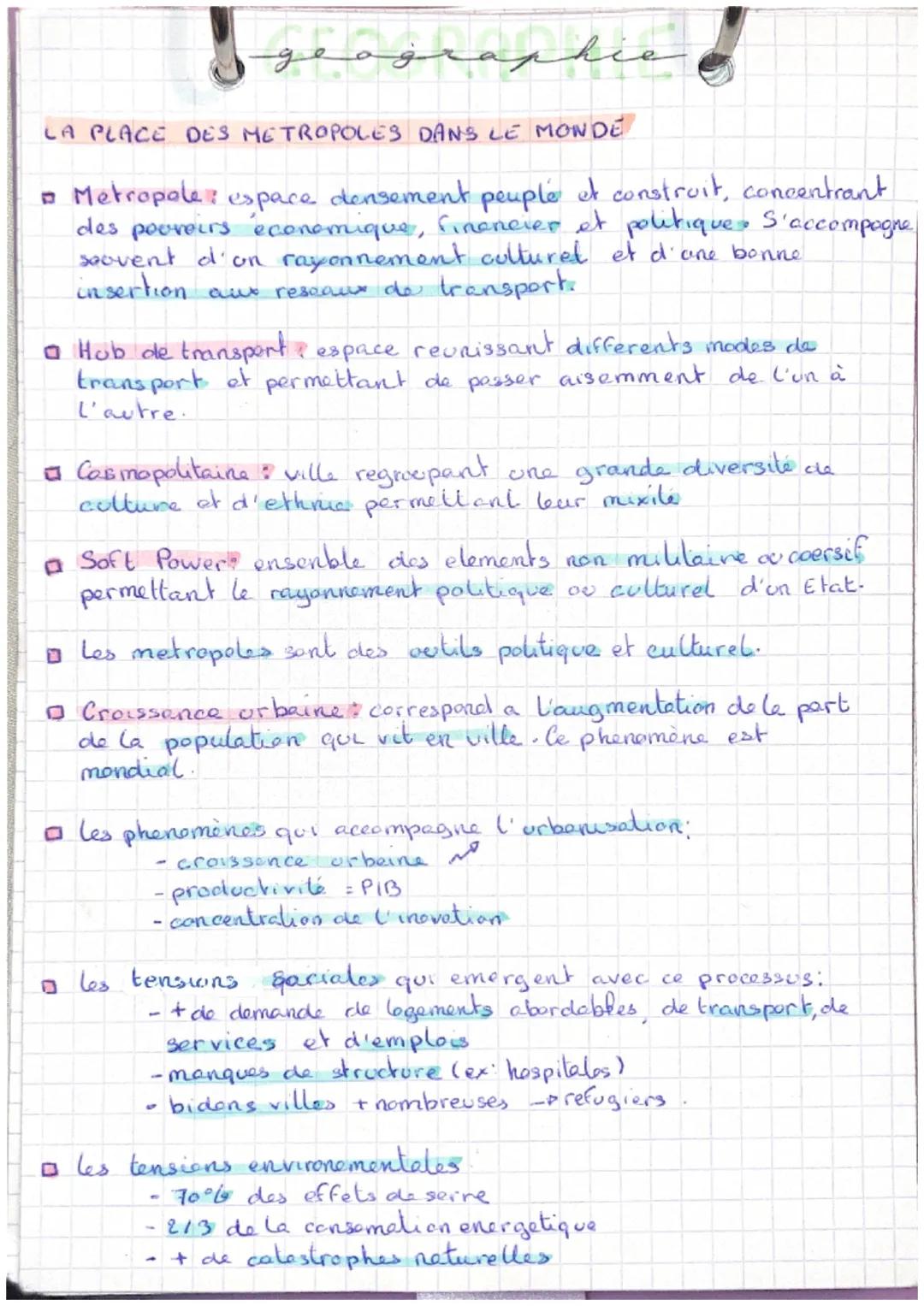 # geographie

LA PLACE DES METROPOLES DANS LE MONDE

*   Metropole espace densement peuple et construit, concentrant
des poureirs économique