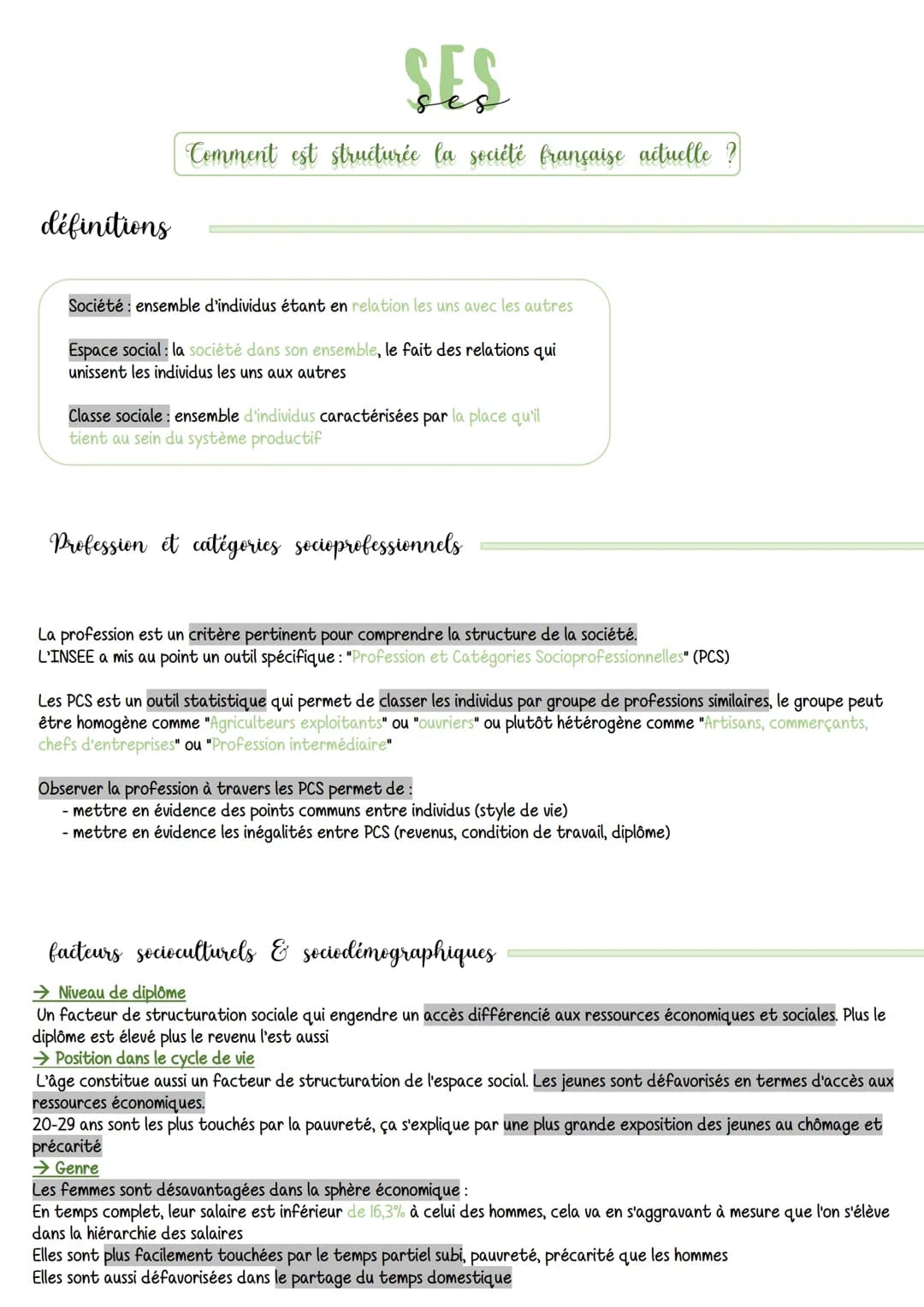 définitions
SES
Comment est structurée la société française actuelle ?
Société ensemble d'individus étant en relation les uns avec les autre