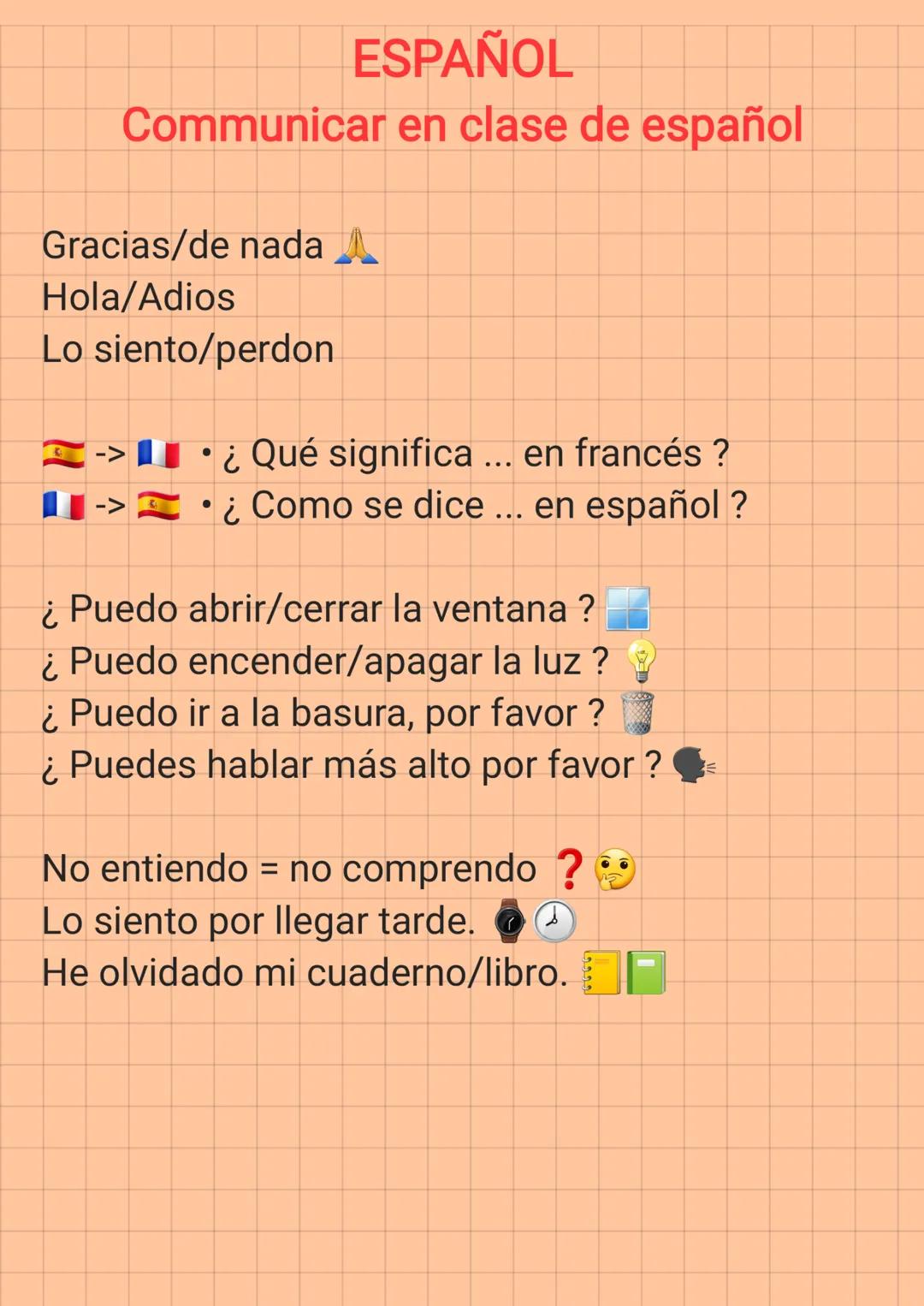 ESPAÑOL
Communicar en clase de español
Gracias/de nada A
Hola/Adios
Lo siento/perdon
->¿Qué significa ... en francés?
->•¿Como se dice ... e
