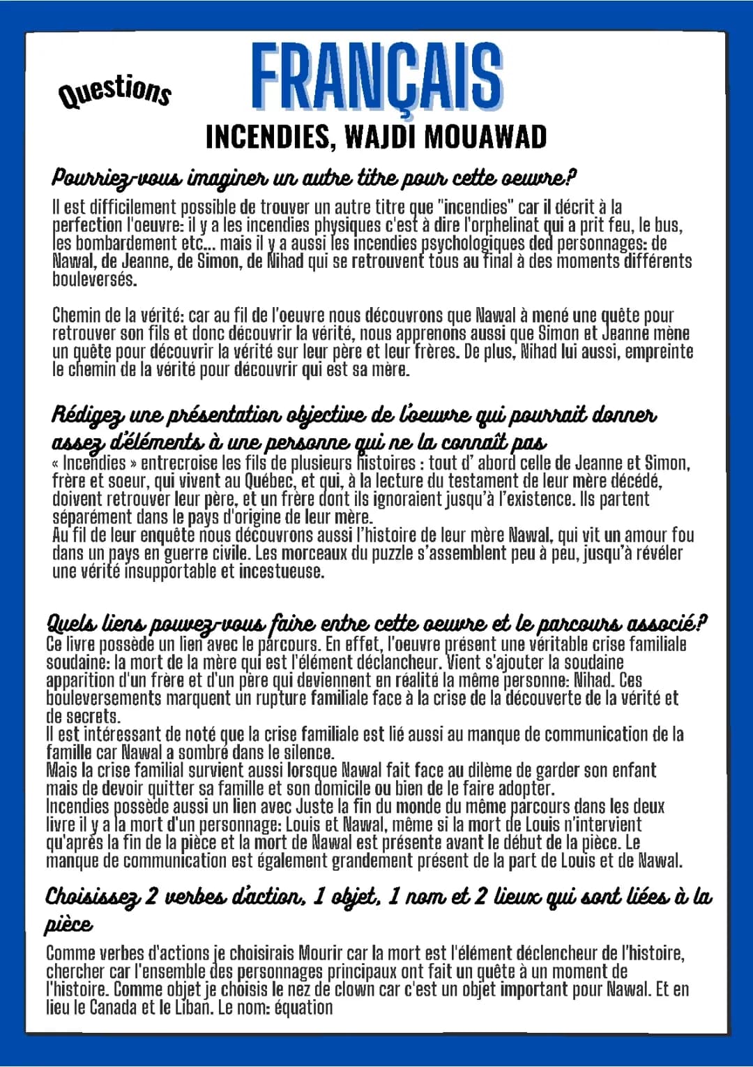 Découvre 'Incendies' de Wajdi Mouawad: Résumé et Analyse PDF