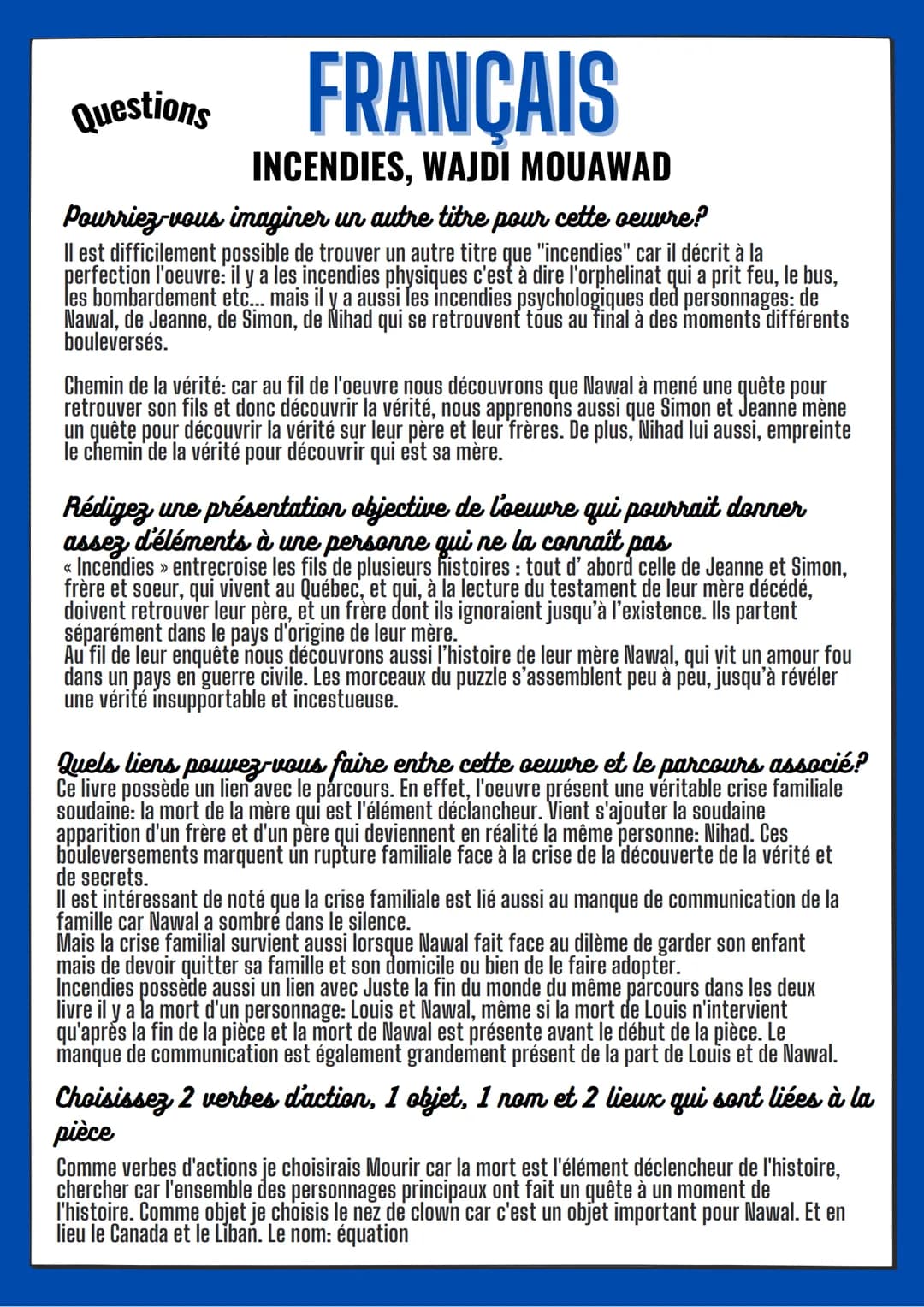 FRANCAIS
INCENDIES, WAJDI MOUAWAD
Pourriez-vous
imaginer un autre titre pour cette oeuvre?
Il est difficilement possible de trouver un autre