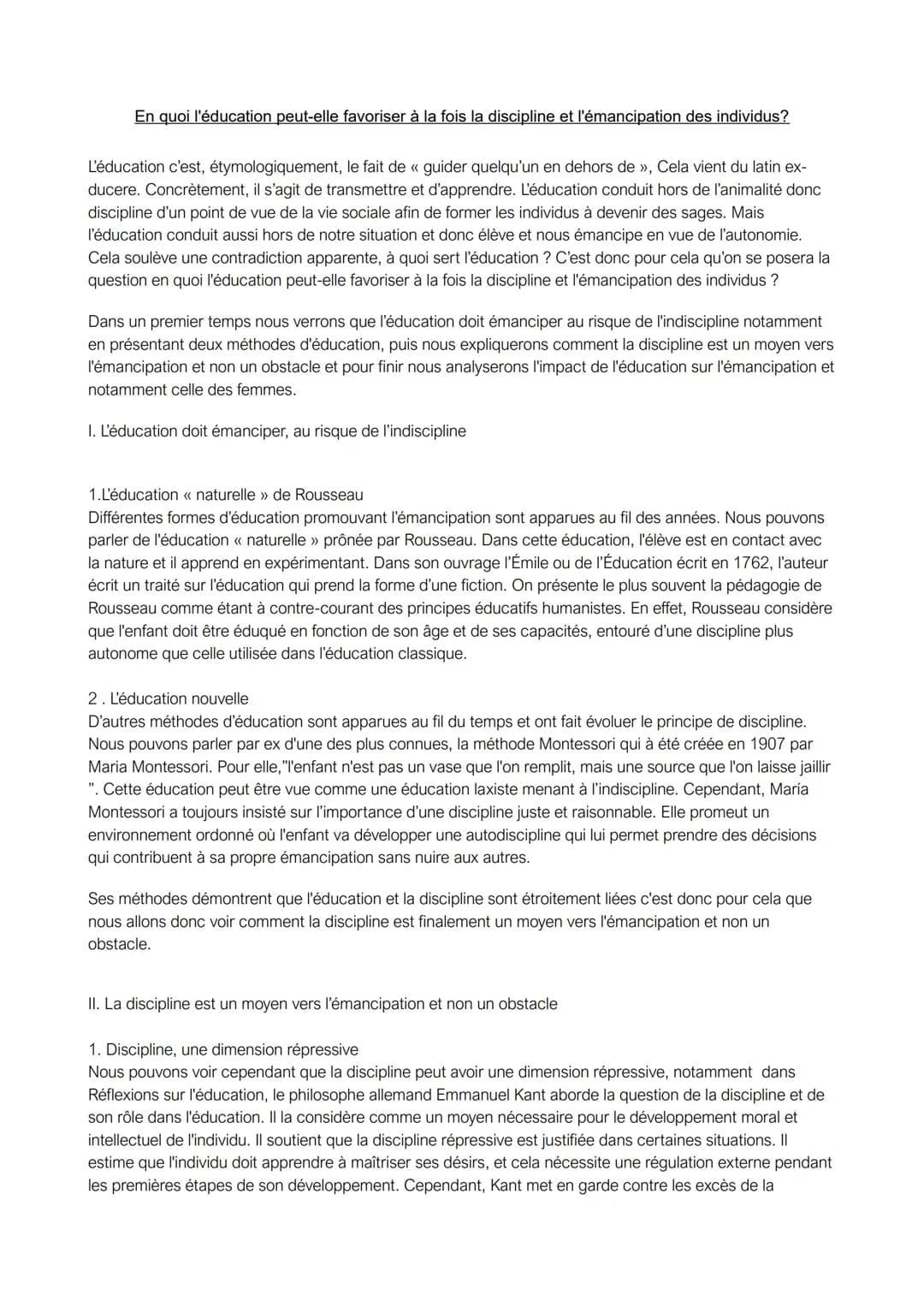 En quoi l'éducation peut-elle favoriser à la fois la discipline et l'émancipation des individus?
L'éducation c'est, étymologiquement, le fai