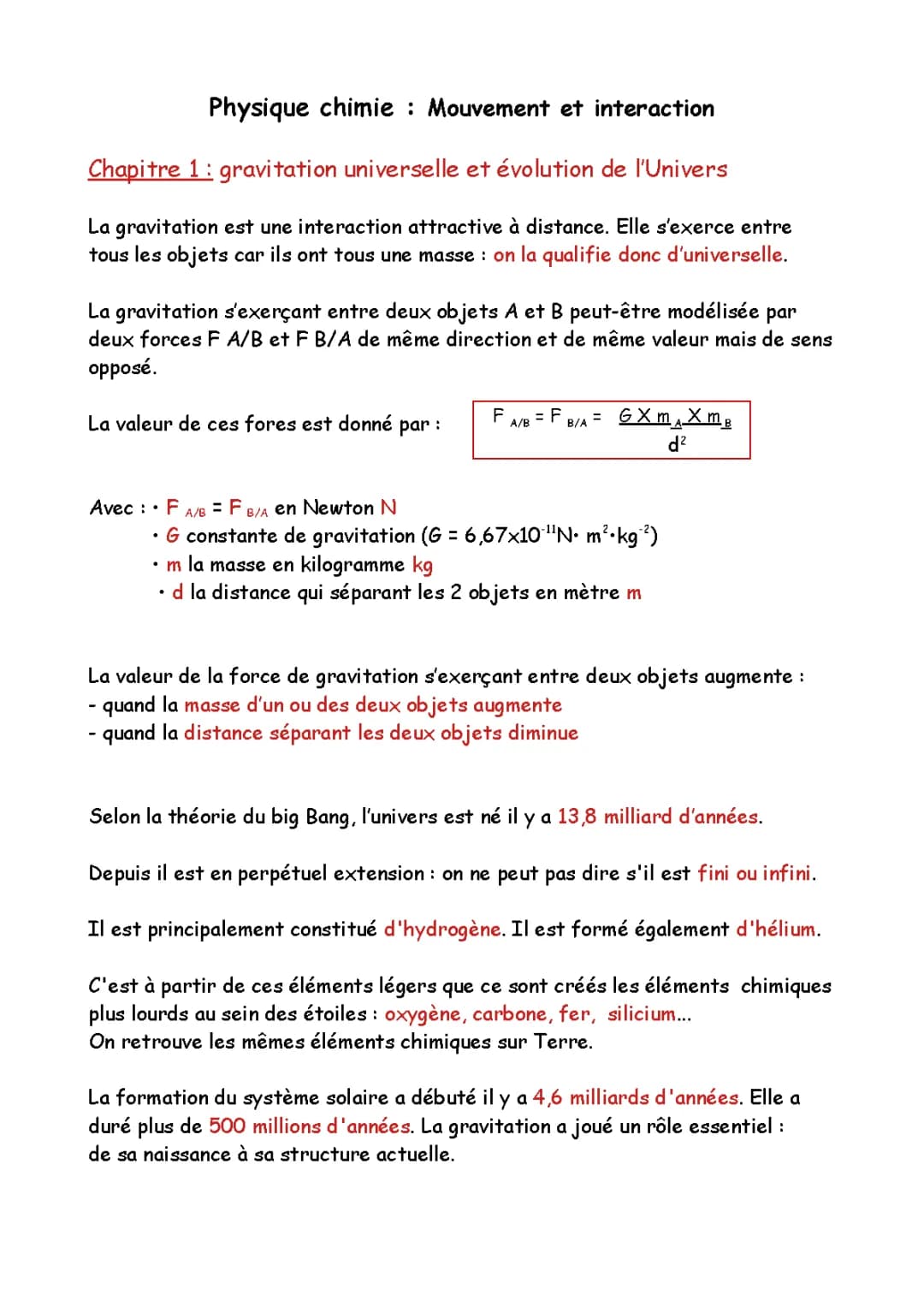Cours de Physique-Chimie 3ème: Gravitation et Système Solaire PDF