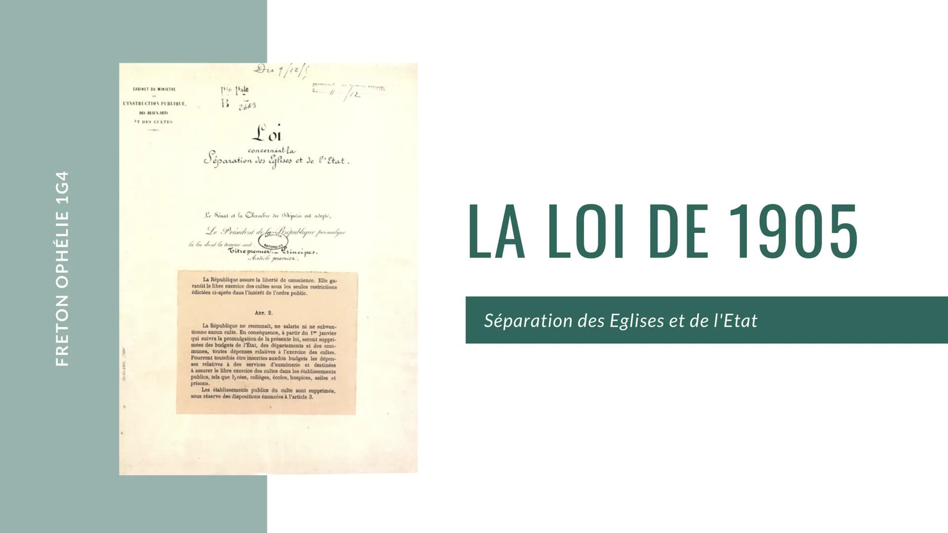 FRETON OPHÉLIE 1G4
CABINET DU MINISTRE
L'INSTRUCTION PUBLIQUE,
DES BEAUX-ARTS
FT DES CULTES
Pie Pale
B
2663
Loi
concernant la
Séparation des