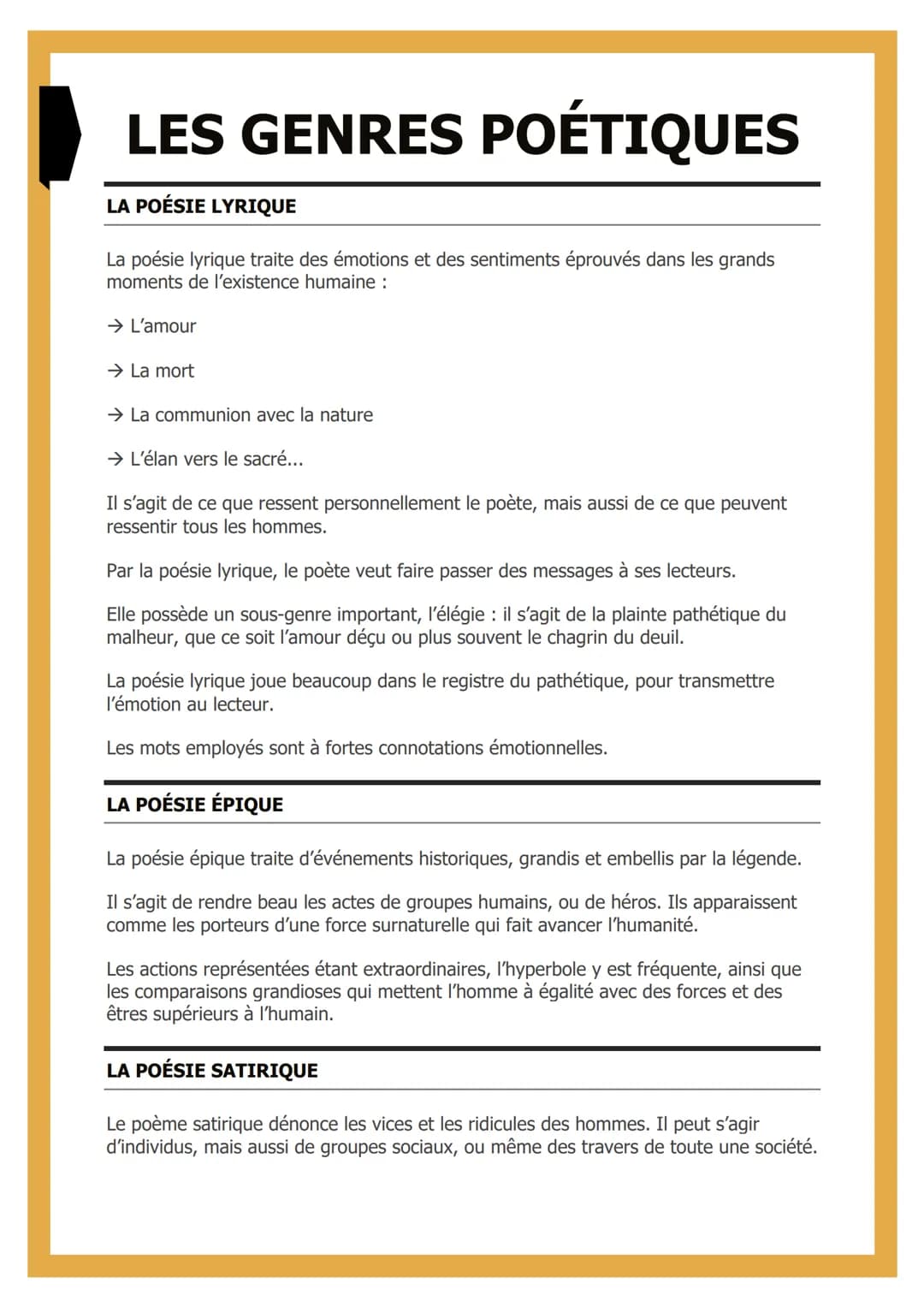 LES GENRES POÉTIQUES
LA POÉSIE LYRIQUE
La poésie lyrique traite des émotions et des sentiments éprouvés dans les grands
moments de l'existen