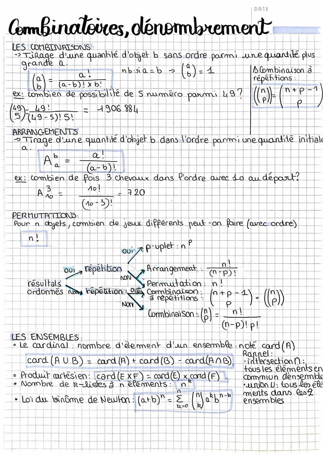 DATE
Combinatoires, dénombrement
LES COMBINAISONS:
- TiRage d'une quantité d'objet b sans ordre parmi une quantité plus
->
grande a
a!
(a - 