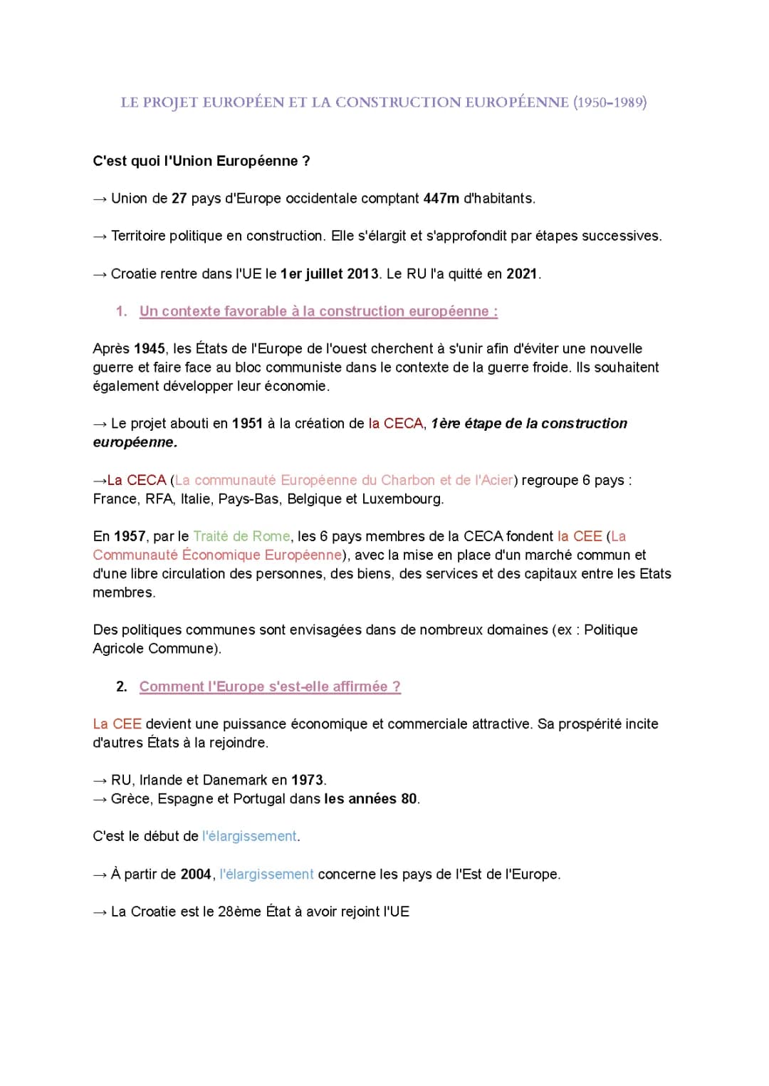 Le Projet Européen et La Construction Européenne 