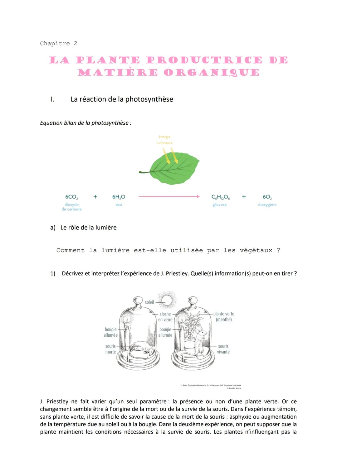Chapitre 2
LA PLANTE PRODUCTRICE DE
MATIÈRE ORGANIQUE
I. La réaction de la photosynthèse
Equation bilan de la photosynthèse :
6CO₂
dioxyde
d