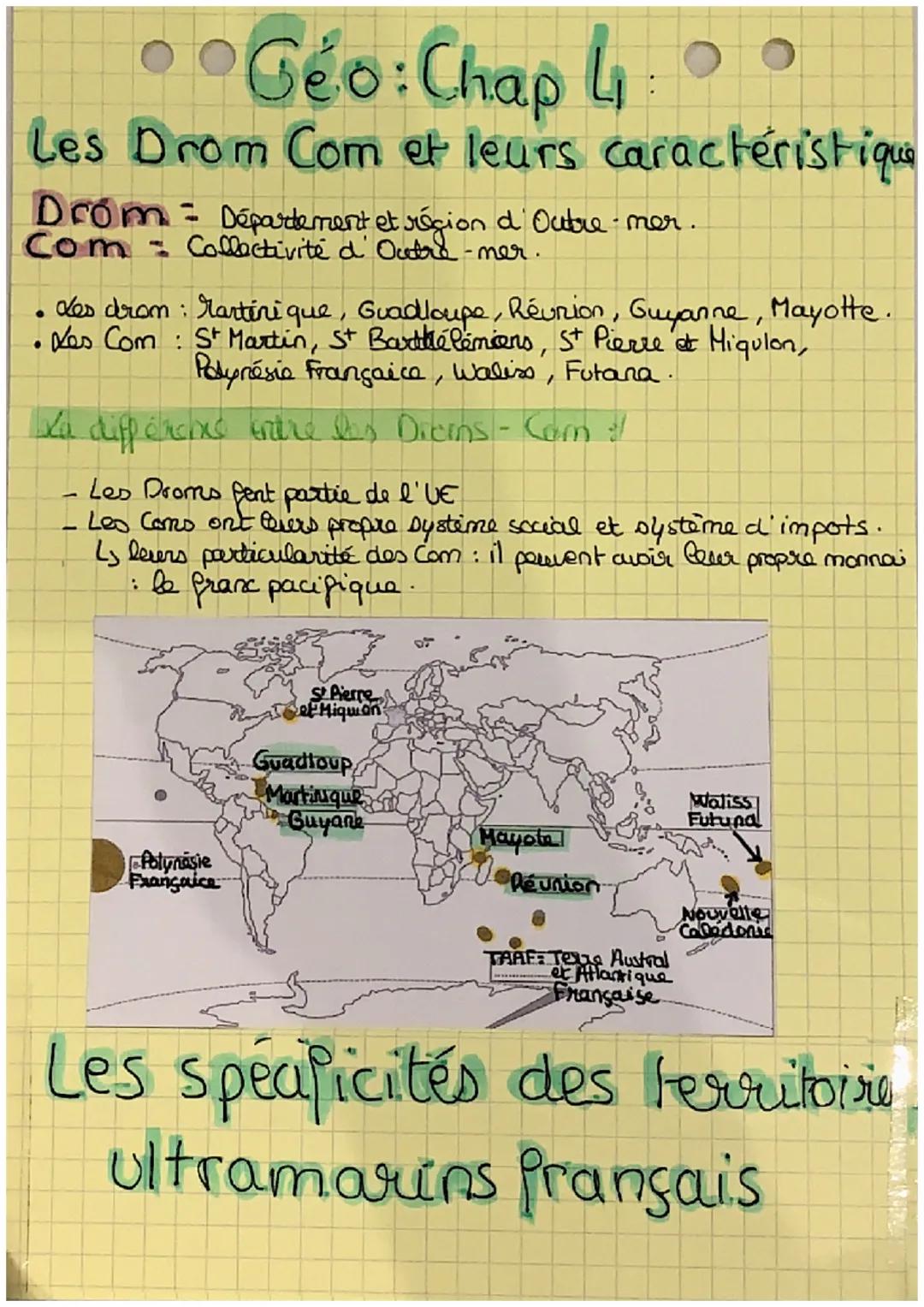 # Géo: Chap 4

Les Drom Com et leurs caractéristique

Drom = Département et région d'Outre-mer.
Com = Collectivité d' Outre-mer.

*   des dr