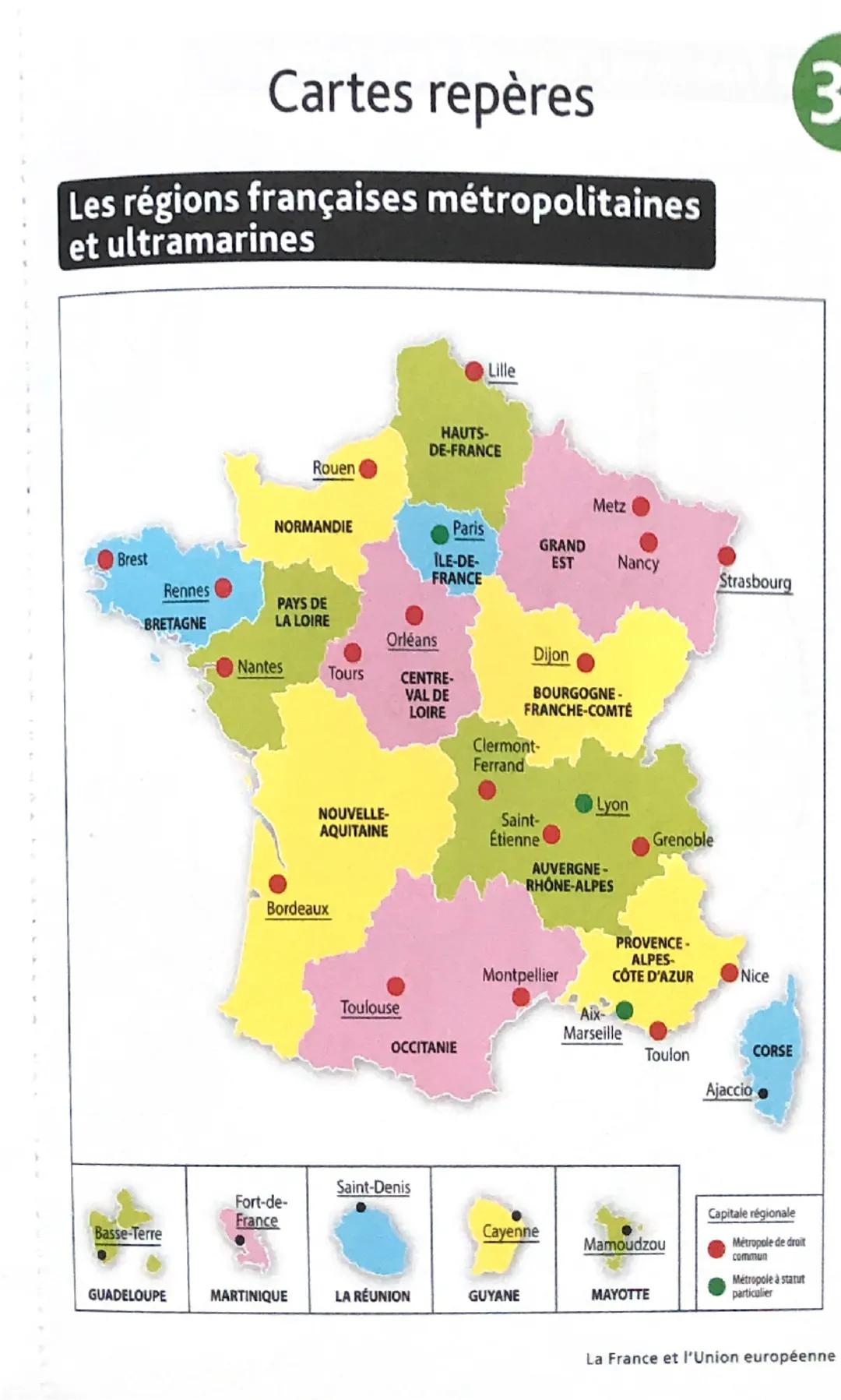 Cartes repères
Les régions françaises métropolitaines
et ultramarines
Brest
Rennes
Lille
HAUTS-
DE-FRANCE
Rouen
Metz
NORMANDIE
Paris
GRAND
I