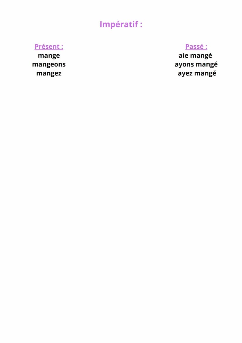 Les temps de la
conjugaison
Indicatif :
temps simples:
Présent :
je mange
tu manges
il mange
nous mangeons
vous mangez
ils mangent
Imparfait
