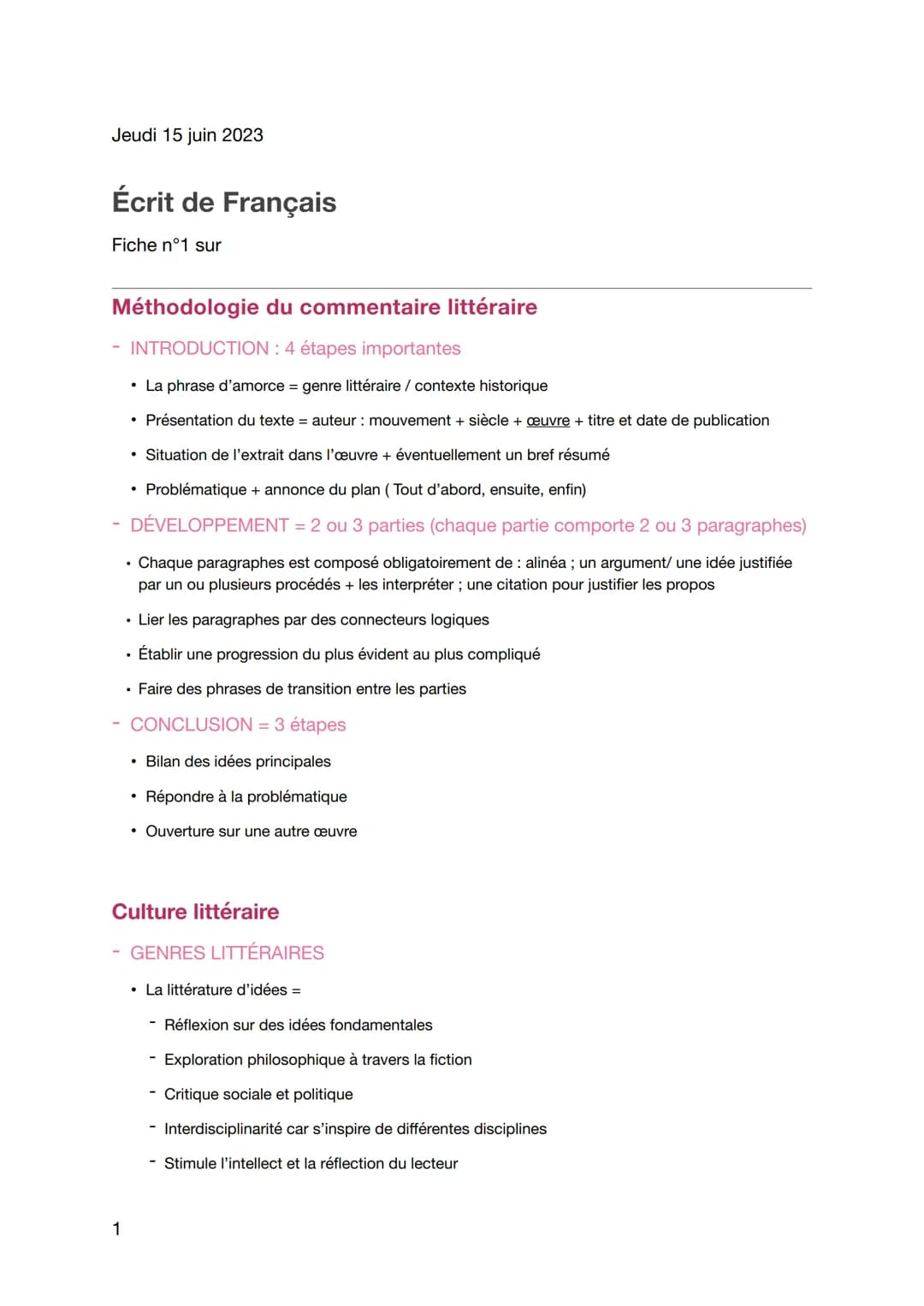Jeudi 15 juin 2023
Écrit de Français
Fiche n°1 sur
Méthodologie du commentaire littéraire
- INTRODUCTION : 4 étapes importantes
• La phrase 