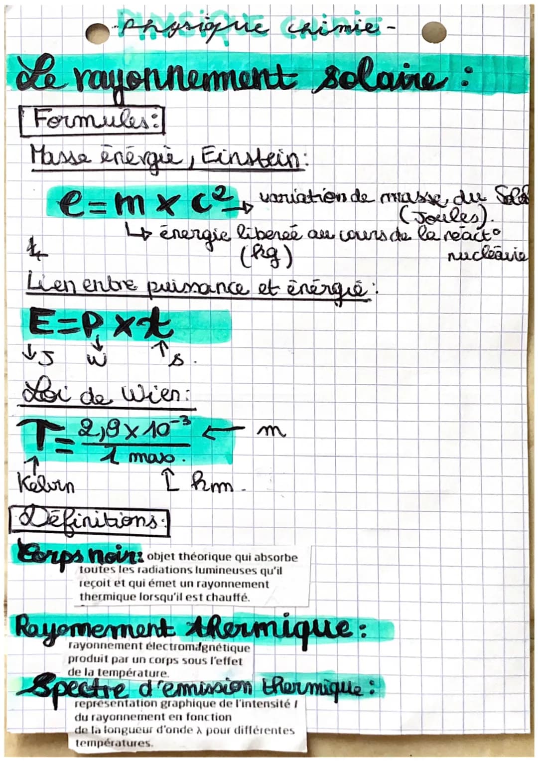 Le
●Phorique chimie-
rayonnement solaire:
Formules
Masse energie, Einstein:
4
e=mxc², variation de masse du Sole
(Joules).
I energie liberée