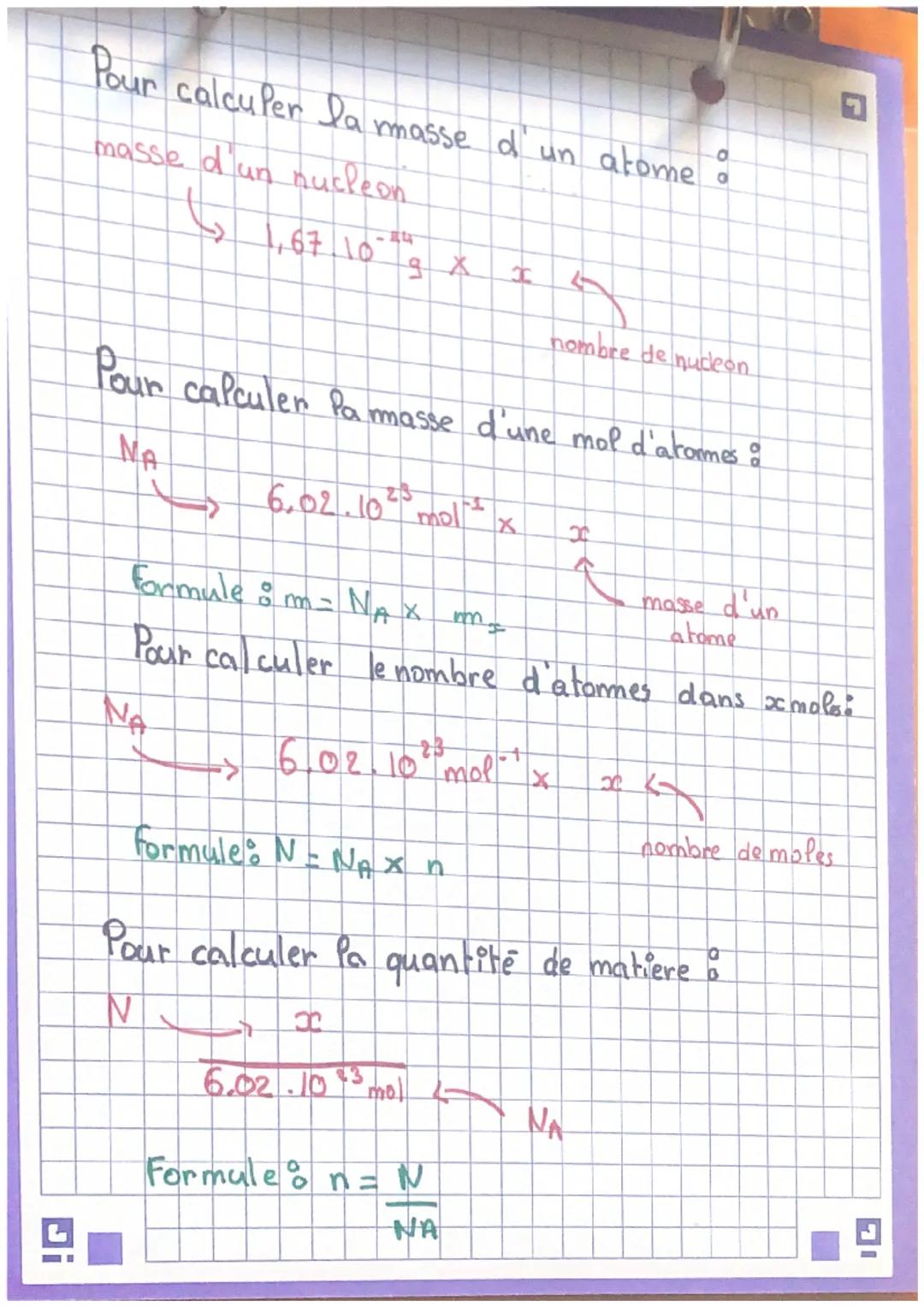 r
Di
Formule &
m = Cm x V →>
N=N₁xn-> (sans unité = 6,02 x 10²³ x mol
m = Mxn -> masse - masse molaire x quantité de matière.
M=mxN₁ →> g.md