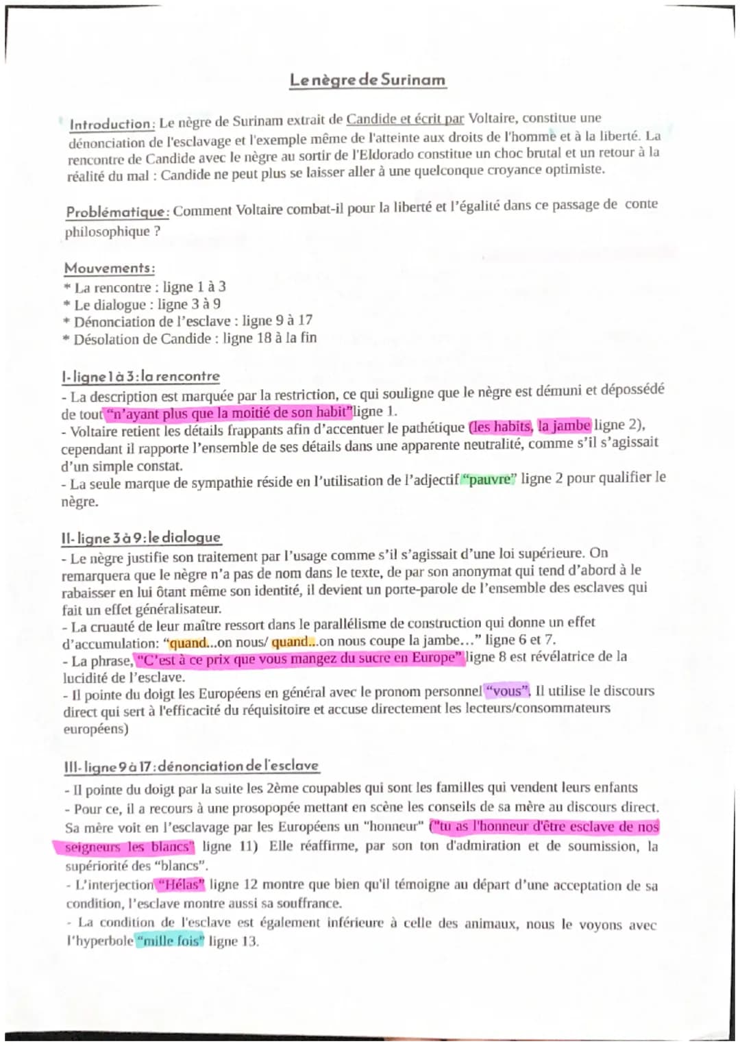 Le nègre de Surinam
Introduction: Le nègre de Surinam extrait de Candide et écrit par Voltaire, constitue une
dénonciation de l'esclavage et