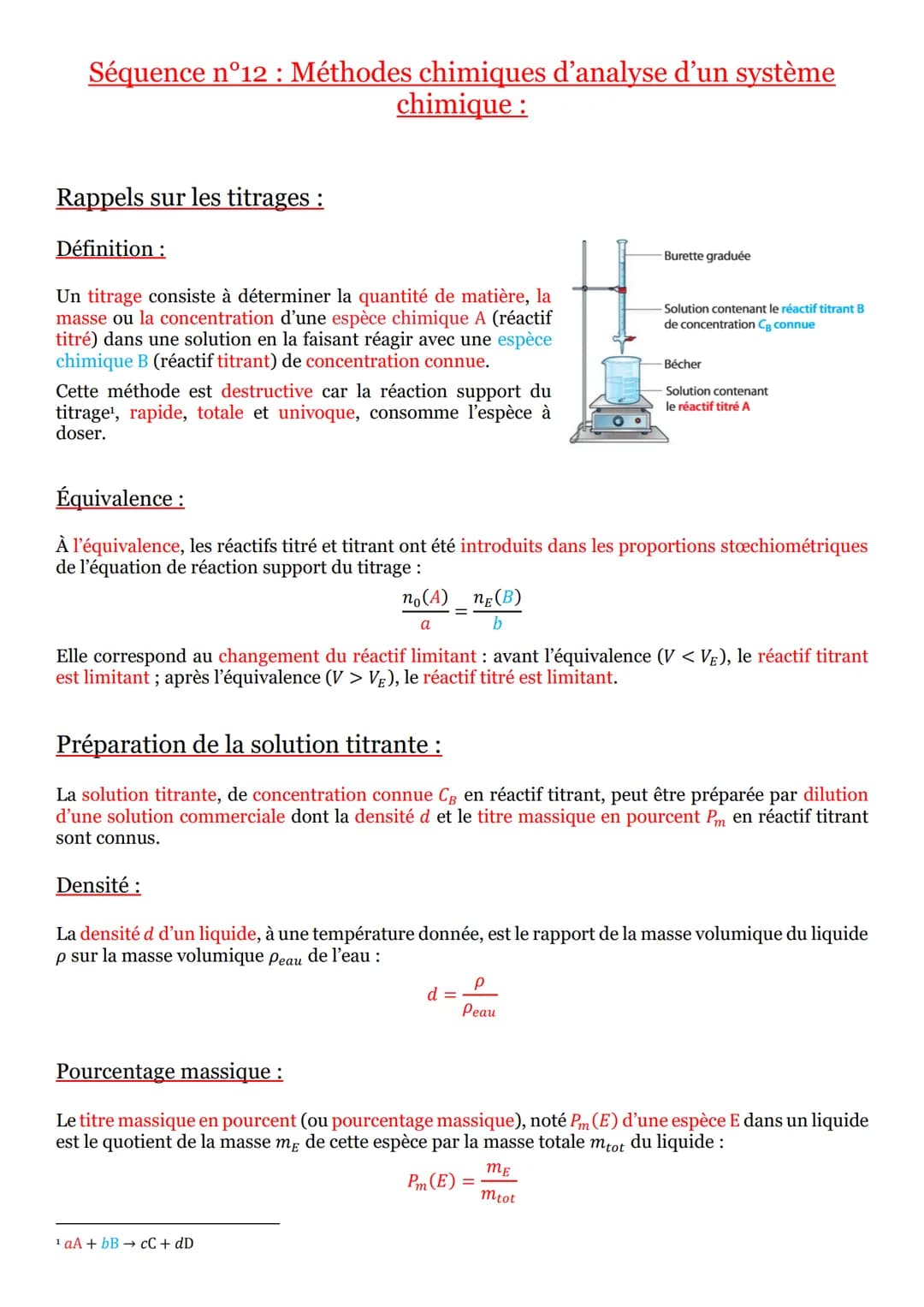 Séquence n°12 : Méthodes chimiques d'analyse d'un système
chimique :
Rappels sur les titrages :
Définition:
Un titrage consiste à déterminer