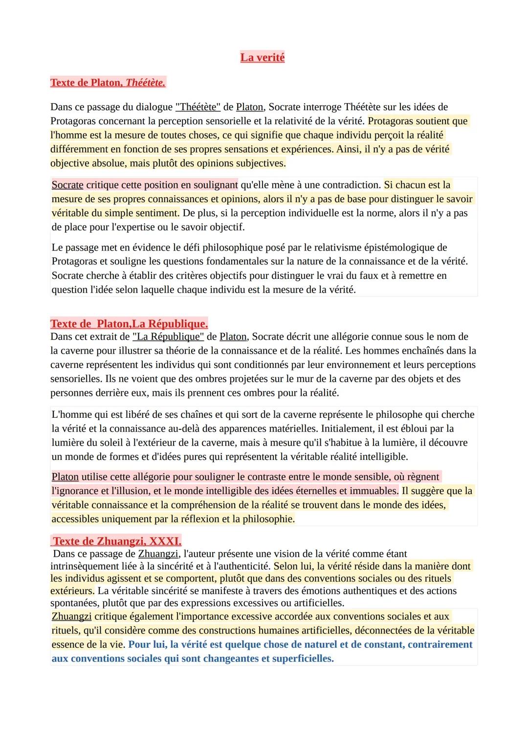 La verité
Texte de Platon, Théétète.
Dans ce passage du dialogue "Théétète" de Platon, Socrate interroge Théétète sur les idées de
Protagora
