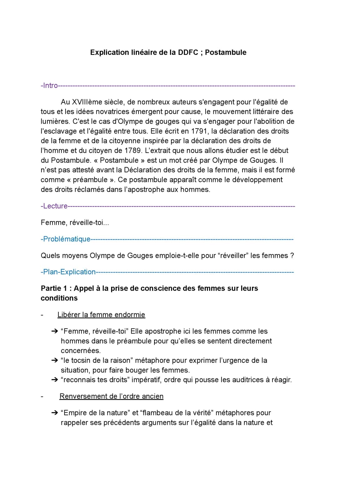 Explication linéaire de la DDFC ; Postambule | Bac de Français