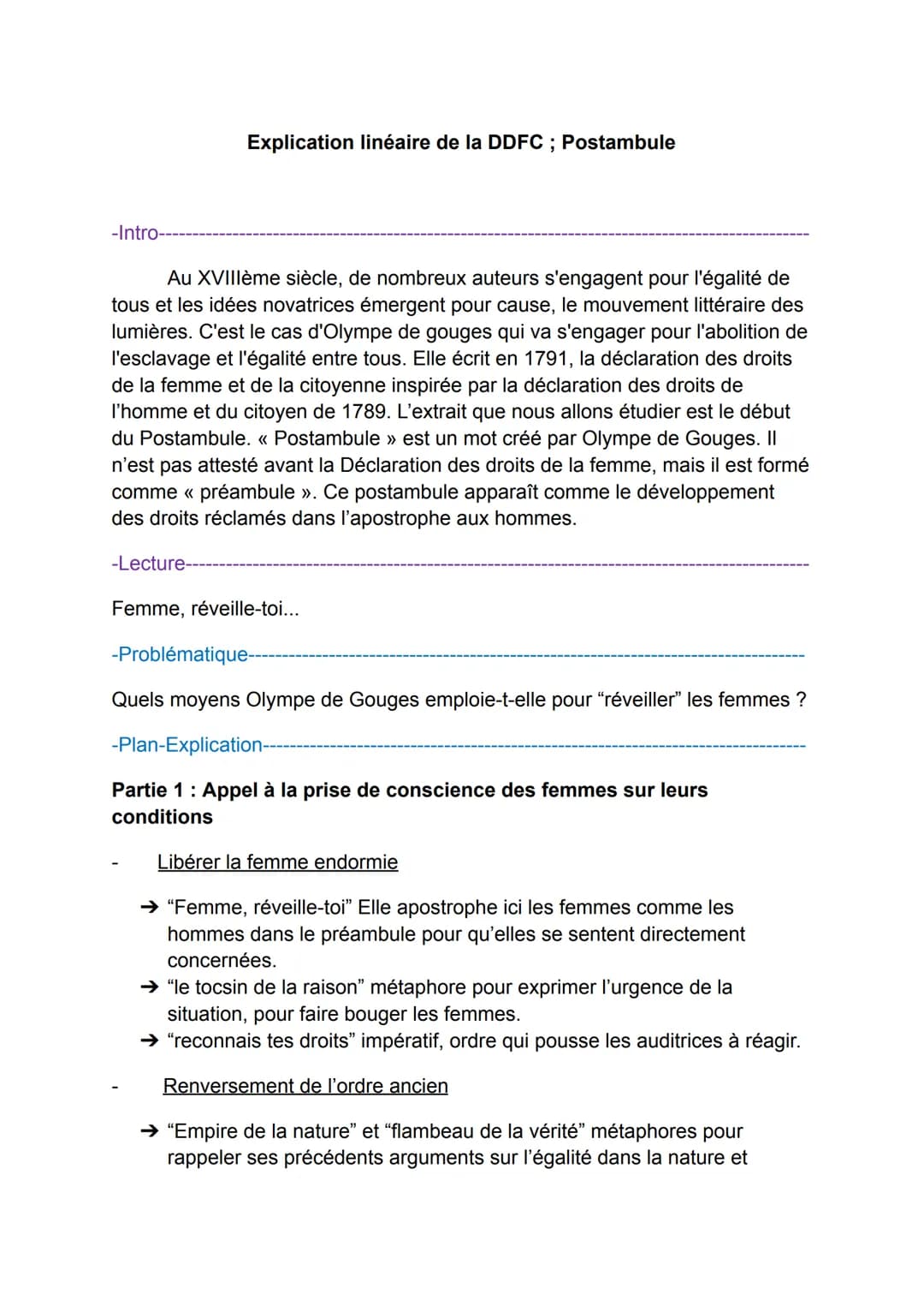 Explication linéaire de la DDFC ; Postambule
-Intro-
Au XVIIIème siècle, de nombreux auteurs s'engagent pour l'égalité de
tous et les idées 