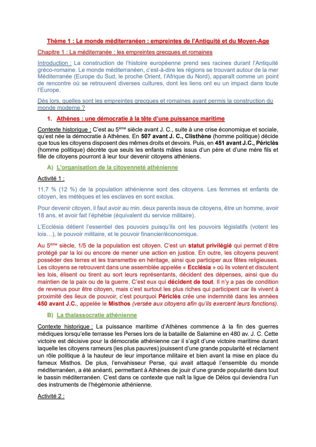 Chapitre 1 : La méditerranée antique, les empreintes grecques et romaines (complète)